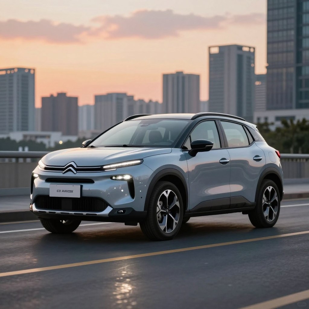 A sleek, modern Citroën C3 Aircross parked in an urban setting, showcasing advanced safety features like lane assist sensors, adaptive headlights, and reinforced body structure. The car is oriented at a slight angle to capture its distinctive silhouette, highlighting the stylish curves and robust stance. In the foreground, a polished road with subtle reflections enhances the visual appeal. The middle ground features a blurred cityscape, suggesting a vibrant, bustling environment while keeping the focus on the vehicle. Soft, natural lighting illuminates the scene, creating a warm and inviting atmosphere during sunset, with hints of orange and pink in the sky. The overall mood is professional and engaging, perfect for highlighting the safety innovations of the C3 Aircross 2026.