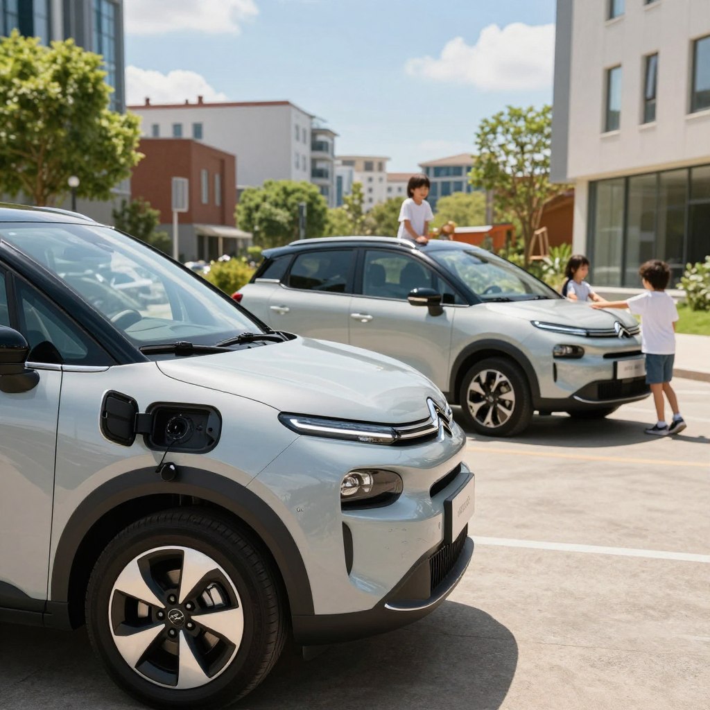 A sleek, modern Citroën C3 Picasso électrique parked in an urban setting, showcasing its compact yet stylish design. The foreground highlights a close-up of the car's distinct features, such as its electric charging port and futuristic headlights. In the middle ground, the car is surrounded by a vibrant cityscape, including a mix of contemporary buildings and green spaces, emphasizing a family-friendly atmosphere. The background captures a bright, sunny day with a clear blue sky, enhancing the car's eco-friendly appeal. Lighting is soft and natural, casting gentle shadows to create depth. The mood is optimistic and innovative, reflecting the modern dynamics of electric vehicles and their role in family mobility.