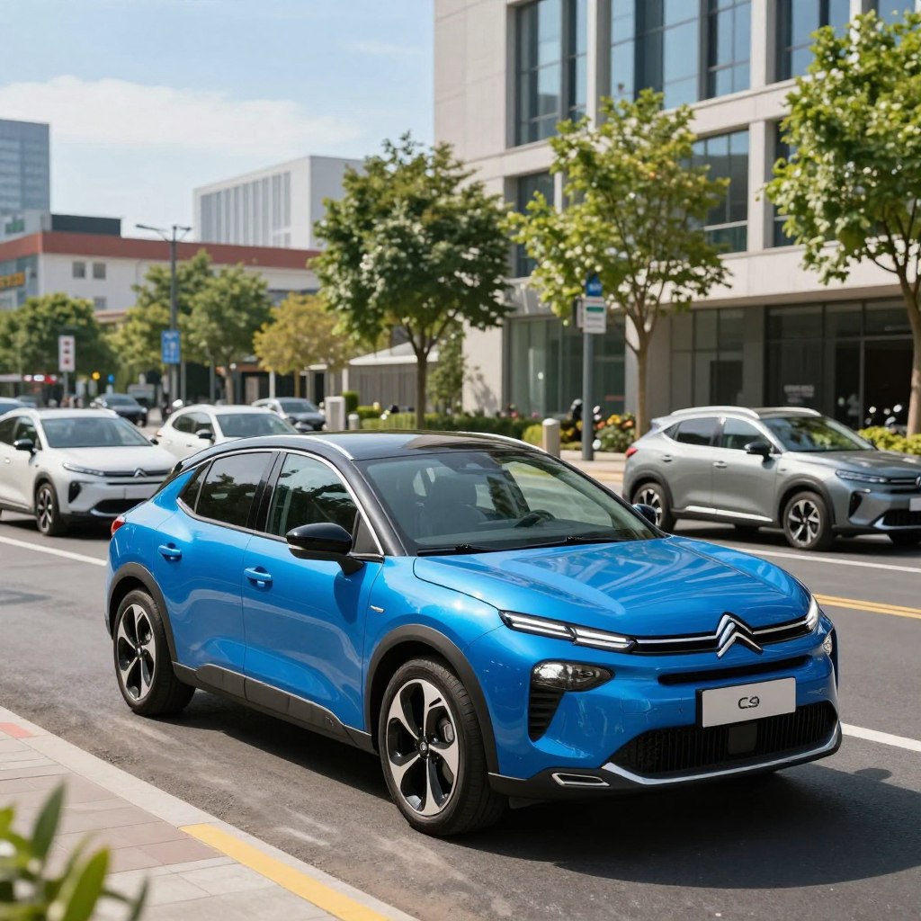 A sleek, modern Citroën C4 2026 in a vibrant electric blue color, parked prominently in a dynamic urban environment. In the foreground, the Citroën C4 showcases its aerodynamic design with smooth lines and a futuristic grille, reflecting dappled sunlight. The middle ground features competing vehicles from the same category, including a compact SUV and a hatchback, creating a visual comparison highlighting their distinct features. In the background, a bustling cityscape with contemporary architecture and lush green trees under a clear blue sky adds depth. The scene is captured from a slightly elevated angle, with soft and natural lighting to enhance the car's polished exterior, evoking a mood of excitement and innovation.