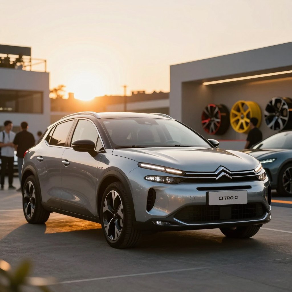 A sleek, modern Citroën C4 2026 parked prominently in the foreground, showcasing its innovative design with sharp lines and a glossy paint finish. The car is viewed from a low angle to emphasize its sporty stance, with the sun setting behind it, casting a warm golden glow that highlights the contours and details of the vehicle. In the background, a stylish urban environment with blurred silhouettes of potential buyers observing the car, hinting at customization options like vibrant color palettes and unique rims displayed artistically around the scene. The atmosphere is inviting and sophisticated, aiming to capture the excitement of a new generation of automobiles and the elegance of personalizing one's vehicle. Soft bokeh effects enhance the focus on the Citroën C4, ensuring the image is sharp and engaging without any text or distractions.