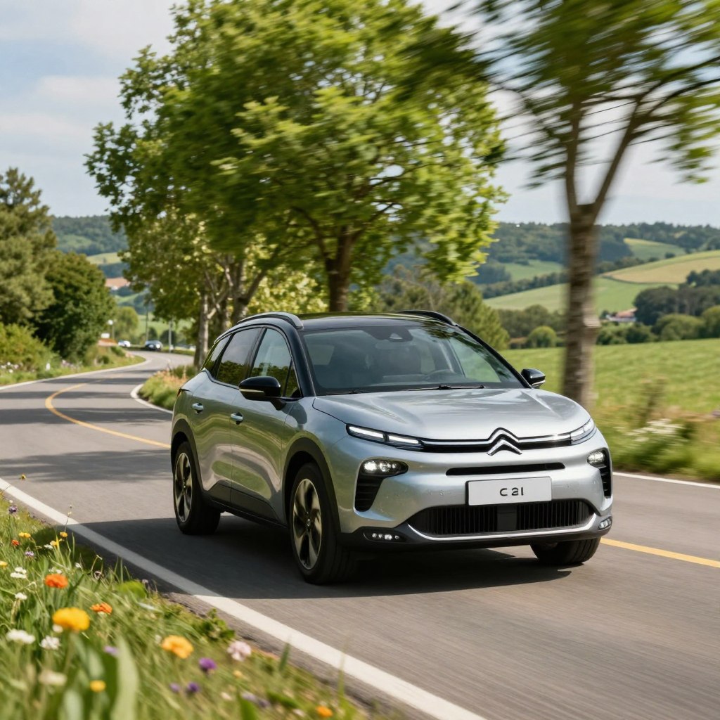 A sleek, modern Citroën C4 Picasso 2026 drives along a picturesque winding road, showcasing its dynamic design and elegant curves. The foreground features the car prominently, highlighting its sharp headlights and distinctive grille under bright, natural sunlight. In the middle ground, lush green trees border the road, their leaves gently swaying in a soft breeze, while a few scattered wildflowers add colorful accents. The background reveals distant rolling hills, creating a sense of depth and adventure. Capture the scene from a slightly elevated angle to emphasize the flowing lines of the vehicle. The atmosphere is inviting and adventurous, perfect for a day out on the road. Ensure the environment is vibrant and clear, with a focus on the car as the centerpiece of this exhilarating driving experience.