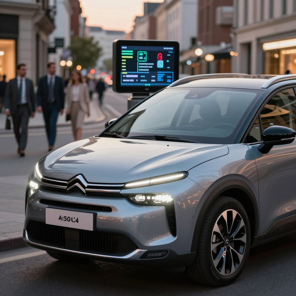 A sleek, modern Citroën C4 Picasso 2026 parked in an upscale urban setting, showcasing its advanced safety features. In the foreground, focus on the vehicle's striking front view, highlighting its smooth lines and innovative lighting technology. In the middle ground, an illuminated display on the dashboard reveals safety alerts and driving assistance systems, emphasizing its technological sophistication. In the background, a busy city street adds dynamism, with blurred pedestrians in professional attire reflecting the car's family-friendly yet stylish nature. The scene is bathed in soft dusk light, creating a warm, inviting atmosphere while spotlighting the C4 Picasso. The angle captures the vehicle from a low perspective, enhancing its bold stance and modern design.