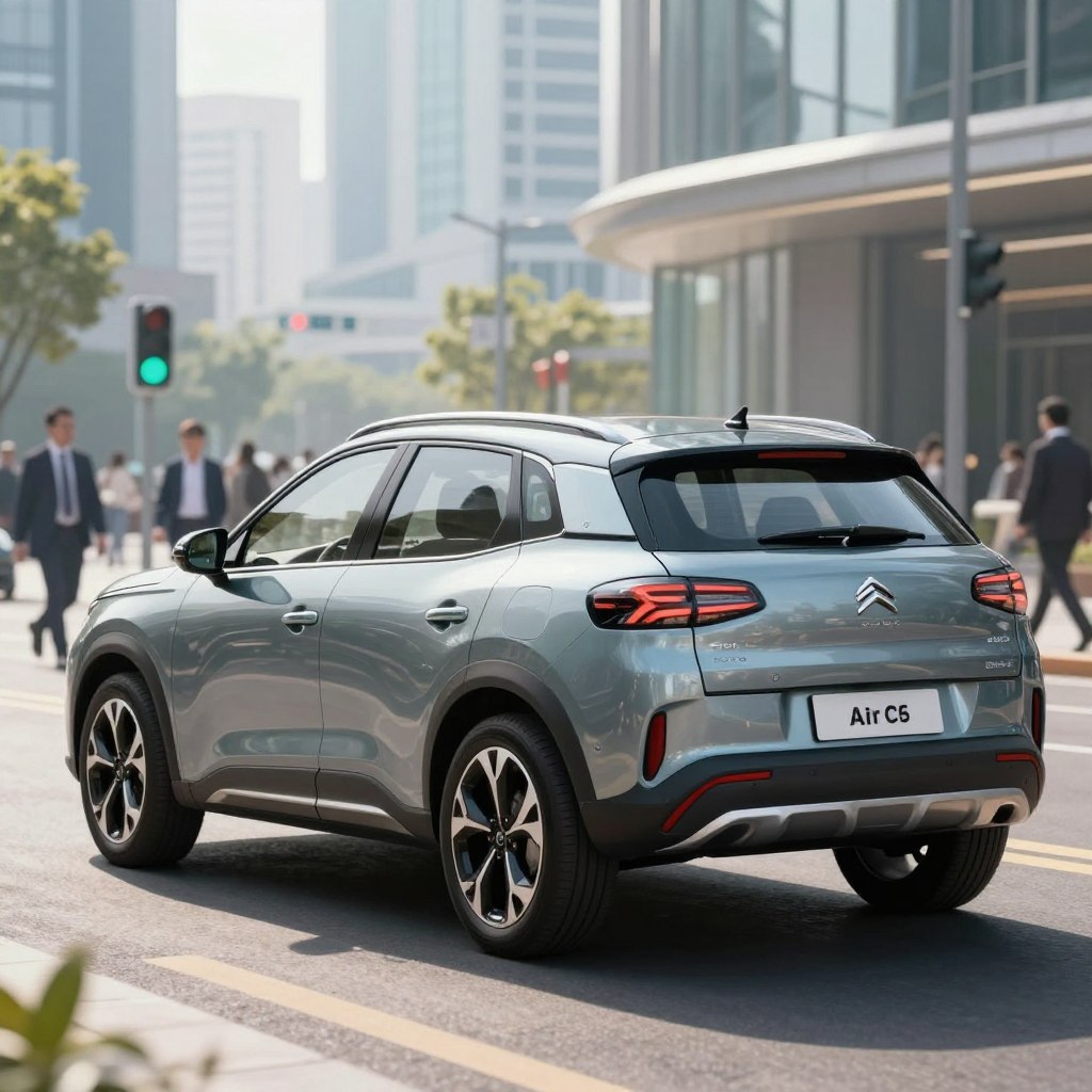 A sleek, modern Citroën C5 Aircross 2026 parked prominently in a high-tech urban environment, showcasing its advanced safety features. In the foreground, the vehicle's glossy body reflects the bright daylight, highlighting its contemporary design and innovative technology. The middle ground features a softly blurred city scene with pedestrians in professional attire, emphasizing the car's role in urban safety. Background elements include futuristic buildings and traffic signal systems, symbolizing smart city infrastructure. The image is captured from a low angle to give the C5 Aircross an imposing presence, with a dynamic, vibrant color palette that conveys a mood of confidence and security. Soft shadows and bright highlights accentuate the vehicle's contours and cutting-edge technology without any text or overlays. A sleek, modern Citroën C5 Aircross 2026 parked prominently in a high-tech urban environment, showcasing its advanced safety features. In the foreground, the vehicle's glossy body reflects the bright daylight, highlighting its contemporary design and innovative technology. The middle ground features a softly blurred city scene with pedestrians in professional attire, emphasizing the car's role in urban safety. Background elements include futuristic buildings and traffic signal systems, symbolizing smart city infrastructure. The image is captured from a low angle to give the C5 Aircross an imposing presence, with a dynamic, vibrant color palette that conveys a mood of confidence and security. Soft shadows and bright highlights accentuate the vehicle's contours and cutting-edge technology without any text or overlays.