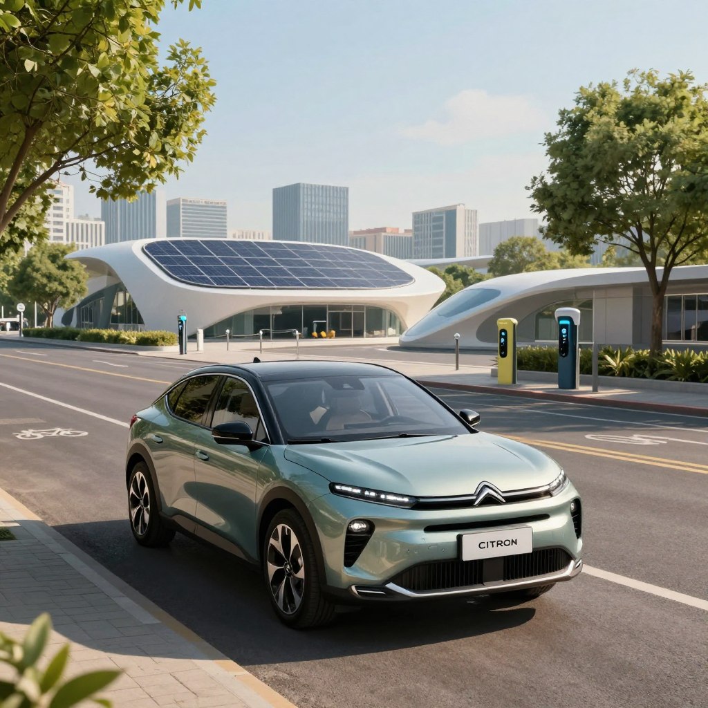 A sleek, modern Citroën electric car prominently featured in the foreground, showcasing its aerodynamic design and innovative features, like LED headlights and a contemporary dashboard. The car is parked on a sunlit urban street that highlights sustainability, with green trees and bicycle lanes visible. In the middle ground, a futuristic cityscape with solar panels on rooftops and charging stations is depicted, illustrating a smart urban environment. The background features a clear blue sky, suggesting a bright and optimistic future for electric mobility. The scene is illuminated by soft, natural lighting, creating a warm and inviting atmosphere. A wide-angle perspective enhances the sense of space and innovation, capturing the advantages of Citroën's forthcoming electric vehicles.