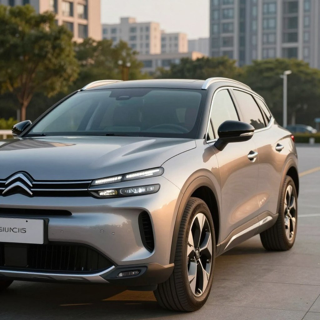 A sleek, modern Citroën hybrid SUV, showcasing its luxurious design features. In the foreground, emphasize the SUV's smooth lines, bold front grille, and stylish LED headlights. In the middle, capture the dynamic curves of the vehicle, with a glint of sunlight reflecting off its metallic paint. The background consists of a contemporary urban landscape, with blurred city buildings and greenery, suggesting both performance and eco-friendliness. Use warm, natural lighting to create a welcoming atmosphere. The angle should be slightly low, giving the SUV an imposing and attractive presence. Aim for a sense of sophistication and innovation, embodying the essence of modern luxury in an SUV.