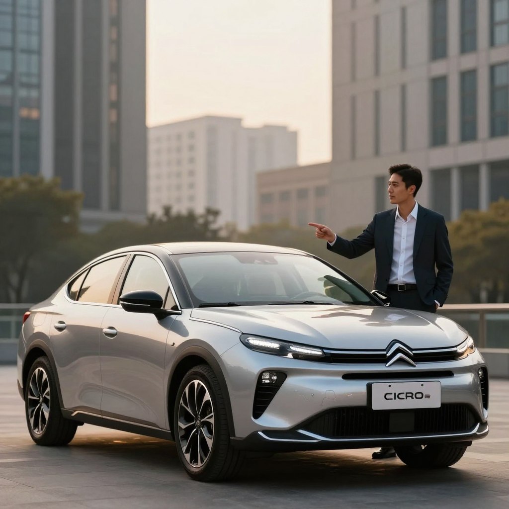 A sleek, modern Citroën sedan showcased prominently in the foreground, gleaming under soft, warm lighting that highlights its curves and design features. The car is parked at a sophisticated cityscape backdrop featuring contemporary architecture, subtly blurred to emphasize the vehicle. In the middle ground, a stylish professional in business attire, pointing slightly to the car, representing expert opinions on pricing. The scene is framed with a golden hour ambiance, casting a pleasant glow that enhances the elegance of the setting. The atmosphere conveys optimism and sophistication, appealing to potential buyers interested in 2026 Citroën sedan prices. The angle is slightly low to give the vehicle an imposing presence, while keeping the focus on its immaculate details. No text or watermarks are present in the image.