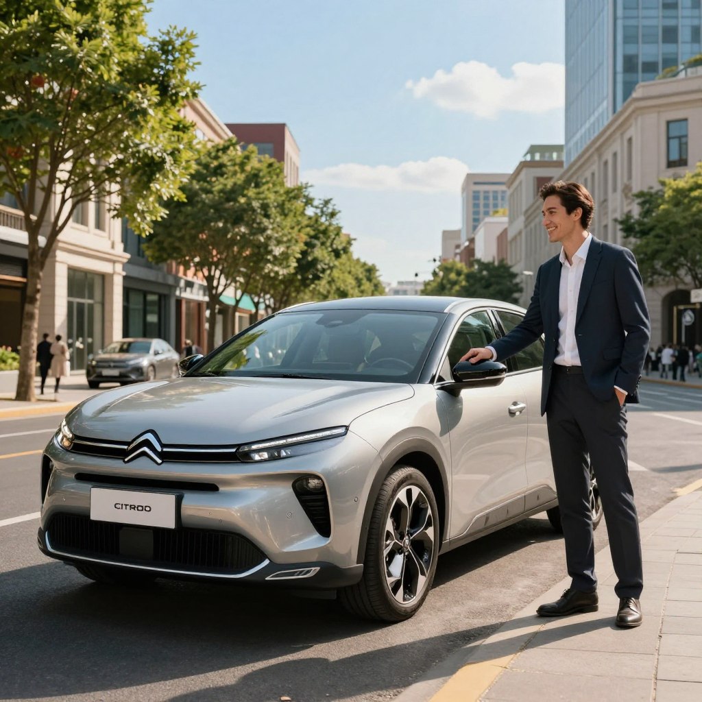 A sleek, modern Citroën vehicle from 2026 parked elegantly in an urban environment. In the foreground, a satisfied customer in professional attire examines the car, a friendly smile on their face, symbolizing the joy of leasing. The scene captures the vehicle's futuristic design with smooth lines and innovative features. In the middle ground, a well-maintained city street is visible, lined with trees and stylish buildings, reflecting a lively yet inviting atmosphere. The background features a bright blue sky, creating a sense of optimism. Soft, afternoon lighting illuminates the scene, casting gentle shadows that enhance the vehicle's contours. The overall mood is professional and encouraging, representing the positive experiences with leasing a Citroën.