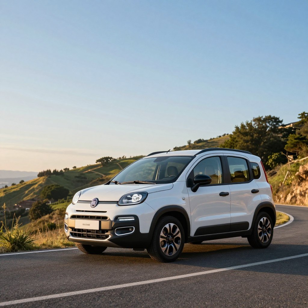 A sleek, modern Fiat Panda is parked on a curvy, sun-drenched road, showcasing its compact design and eco-friendly features. In the foreground, the car's dynamic lines glisten under the soft golden sunlight, emphasizing its innovative aerodynamic shape. The middle ground features a gentle hillside, dotted with greenery, symbolizing the vehicle's harmony with nature. In the background, a clear blue sky transitions to a soft horizon, inviting a sense of adventure and efficiency. Use a wide-angle lens perspective to capture the essence of performance and motorisation. The mood conveys a sense of freedom and sustainability, making the viewer envision an economical driving experience. The overall ambiance is bright and cheerful, highlighting the Fiat Panda's eco-conscious engineering.