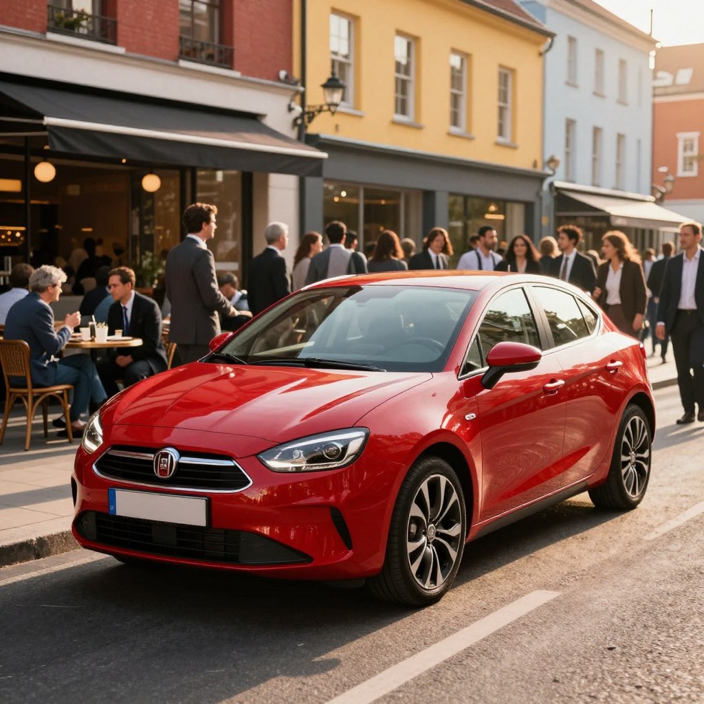 A sleek, modern Fiat car in vibrant red, prominently displayed in the foreground with gleaming bodywork reflecting sunlight, showcasing its design elegance. The car is parked on a lively urban street, emphasized by a bustling crowd of diverse people in professional business attire, admiring the vehicle. In the middle ground, stylish cafes with patrons enjoying their drinks create a lively atmosphere, while colorful city buildings provide a contemporary backdrop. The scene is bathed in warm golden hour lighting, casting soft shadows and creating a welcoming mood. A low-angle perspective captures the car’s dynamic lines, ensuring it stands out as a symbol of popularity and desirability in automotive design, all without any text or watermark distractions.