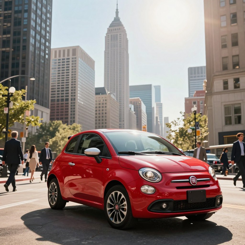 A sleek, modern Fiat car, prominently displayed in the foreground, showcasing a vibrant red color that signifies its Italian heritage. In the middle ground, a bustling urban setting of a contemporary American city, with iconic skyline elements and pedestrians dressed in professional business attire, reflecting a thriving economy. The background features a bright, clear sky with the sun shining, creating a warm and optimistic atmosphere. The scene captures the essence of possibility and economic resurgence, symbolizing Fiat's potential return to the U.S. market. The lighting is bright and inviting, shot from a low angle to emphasize the car and the excitement in the environment, conveying a sense of hope and opportunity in the automotive landscape.