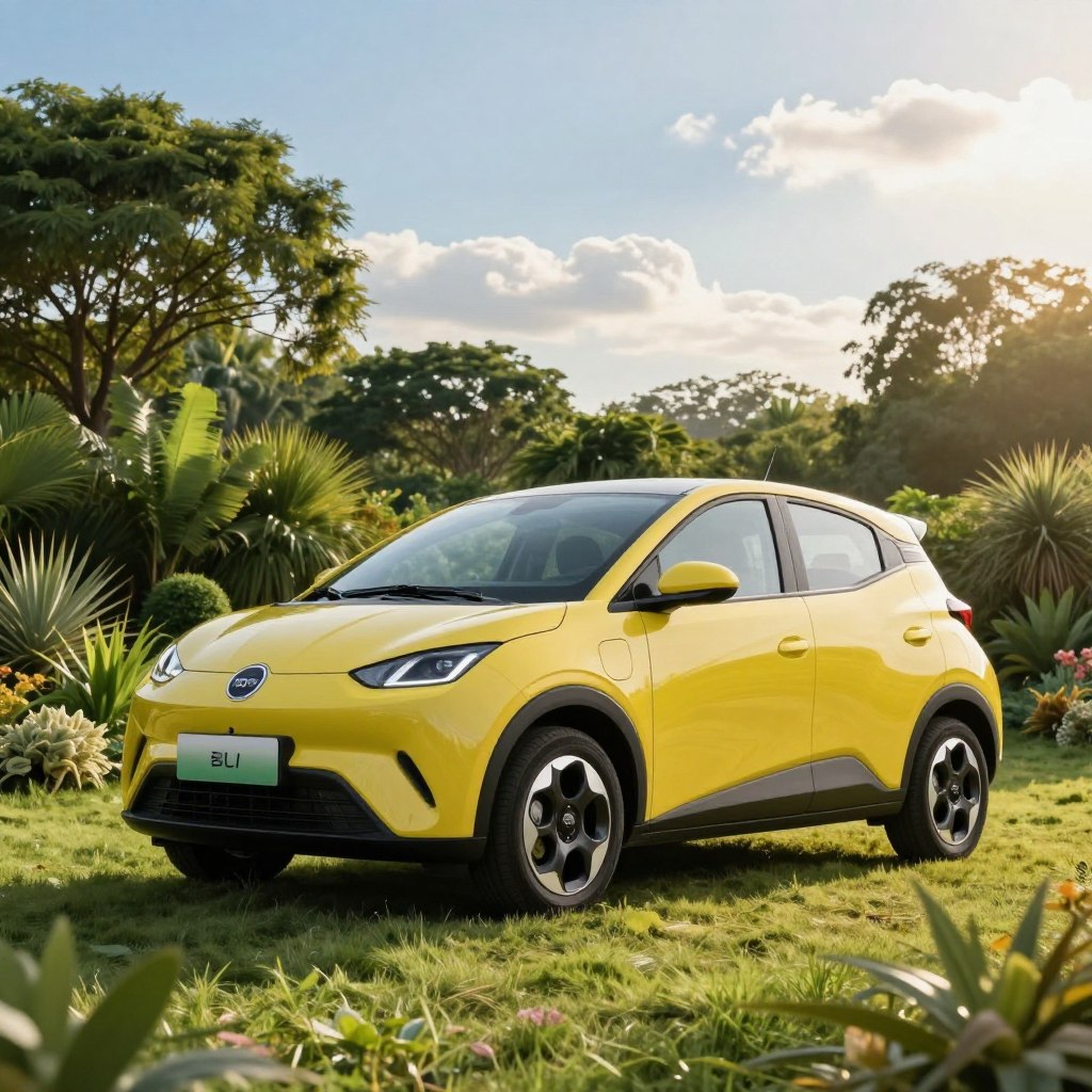 A sleek, modern Fiat electric car parked in a lush, green environment, symbolizing sustainability and innovation. In the foreground, display the car's design details, such as eco-friendly materials and a vibrant color. In the middle ground, add native plants and trees, showcasing a harmonious relationship between technology and nature. The background features a clear blue sky, with subtle clouds and sunlight streaming down, creating a warm, inviting atmosphere. Use soft lighting to highlight the car's curves and eco-friendly features, shot with a slight angle that emphasizes its dynamic design. The overall mood should evoke a sense of hope and commitment to environmental responsibility.