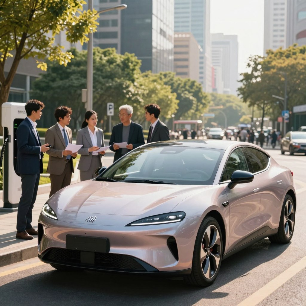 A sleek, modern Fiat electric vehicle parked on a sunlit urban street, showcasing its innovative design with aerodynamic curves and a vibrant color palette. In the foreground, capture the vehicle's front view with polished headlights and dynamic lines, emphasizing its eco-friendly features. In the middle ground, a diverse group of professionals in business attire, discussing the car's significance in the electric mobility landscape. The background features a bustling cityscape with green spaces and charging stations, symbolizing the shift towards sustainable transport. Soft sunlight filters through the trees, creating a warm, optimistic atmosphere. The image should be shot from a low angle to highlight the car's stature against the skyline, evoking a sense of progress and innovation in urban mobility.