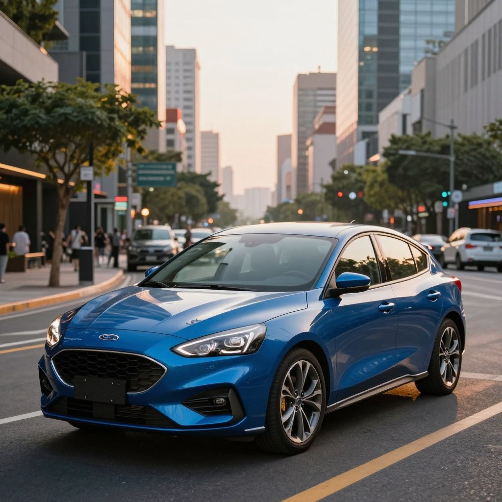A sleek, modern Ford Focus parked on a vibrant city street during golden hour, its glossy blue finish reflecting the warm sunlight. In the foreground, the car's sharp, aerodynamic lines and intricate details like the grille and headlights are prominently displayed. The middle ground features the bustling urban environment, with stylish buildings and greenery lining the street. In the background, a soft-focus skyline showcases a dynamic mix of contemporary architecture. The lighting is warm and inviting, casting gentle shadows that enhance the car's contours. The atmosphere feels energetic and urban, capturing the essence of a popular vehicle that blends style and practicality.