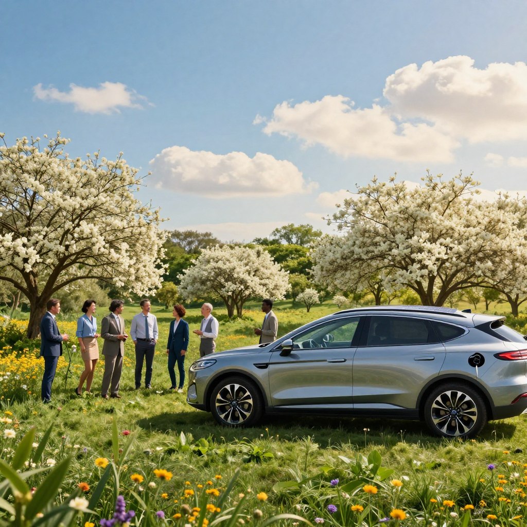 A sleek, modern Ford vehicle parked in a picturesque green landscape, surrounded by flourishing trees and vibrant wildflowers. In the foreground, focus on the car's eco-friendly features, like solar panels integrated into the roof and a visible charging port. In the middle ground, a diverse group of individuals in professional attire are discussing sustainable driving, with a focus on the vehicle's benefits for the environment. The background features a bright blue sky with soft, fluffy clouds, and gentle sunlight illuminating the scene, creating a warm and optimistic atmosphere. Capture the essence of environmental commitment, showcasing both technology and nature harmoniously coexisting. Use a wide-angle lens to emphasize the spaciousness of the landscape, enhancing the car's role in this eco-conscious setting.
