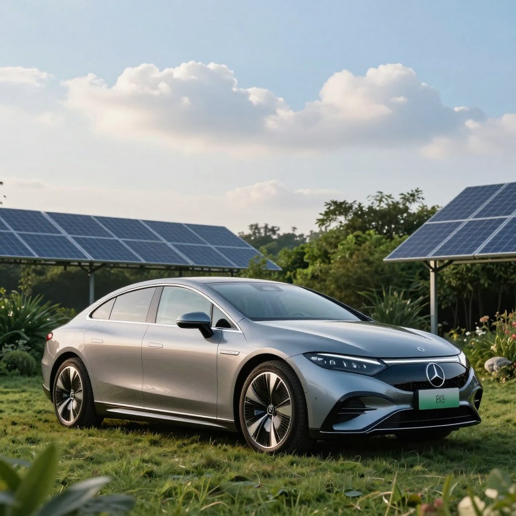 A sleek, modern Mercedes electric car parked elegantly in a serene, green environment. In the foreground, the car shines with its futuristic design, emphasizing smooth lines, a glossy finish, and eco-friendly features. In the middle ground, lush greenery and solar panels blend harmoniously, symbolizing sustainability. The background reveals a clear blue sky with fluffy white clouds, enhancing the serene atmosphere. The lighting is soft, evoking an early morning glow, casting gentle reflections on the car's surface. Use a slightly low-angle shot to highlight the car's stature against the nature backdrop, creating a sense of prominence and elegance. The overall mood is one of luxury, innovation, and environmental consciousness.