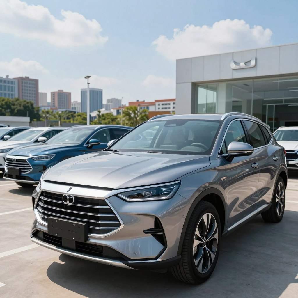 A sleek, modern SUV parked at an urban car dealership, showcasing its latest design. The foreground features the glossy exterior of the SUV, reflecting sunlight, with attention to intricate details like the stylish grille and aerodynamic lines. In the middle ground, a variety of other new vehicles are visible, demonstrating a diverse selection of new cars available. The background includes a clear blue sky with soft clouds, and a vibrant cityscape, enhancing the contemporary feel. The image is well-lit with natural daylight, highlighting the vehicle’s curves and finishes. The mood is inviting and professional, emphasizing innovation and the excitement of exploring new car options.