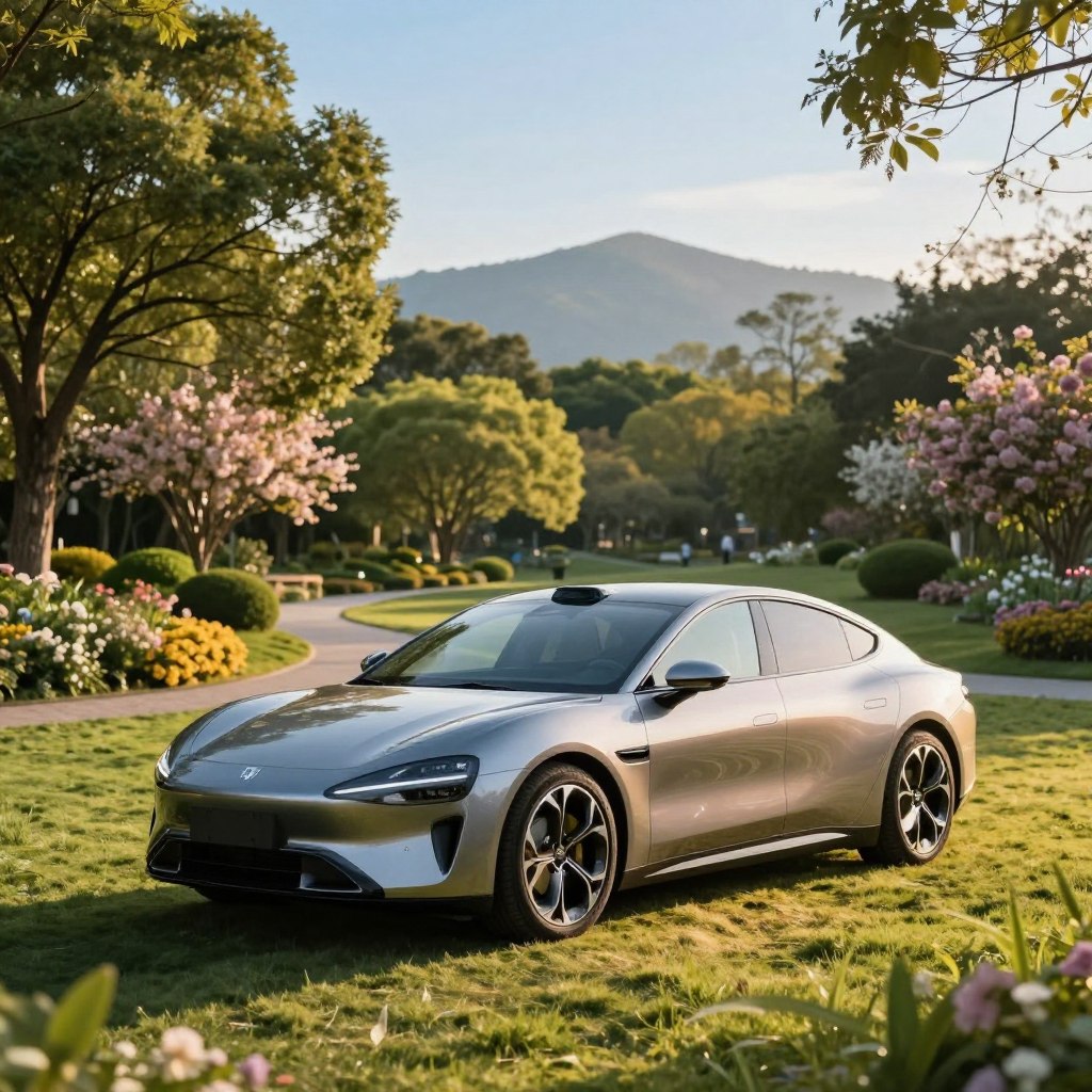 A sleek, modern eco-friendly car parked in a lush green park, surrounded by trees and blooming flowers. In the foreground, the car's shiny metallic surface reflects the sunlight, showcasing its futuristic design with smooth lines and an aerodynamic shape. The middle ground features vibrant greenery and a winding path, inviting a sense of harmony with nature. In the background, softly blurred, the silhouettes of distant mountains hint at a beautiful landscape. The scene is bathed in warm, golden hour sunlight, casting gentle shadows and creating a serene, uplifting atmosphere. The lens captures the scene from a low angle, emphasizing the elegance of the vehicle while incorporating a clear blue sky overhead. This image evokes a sense of innovation, sustainability, and connection to the environment.