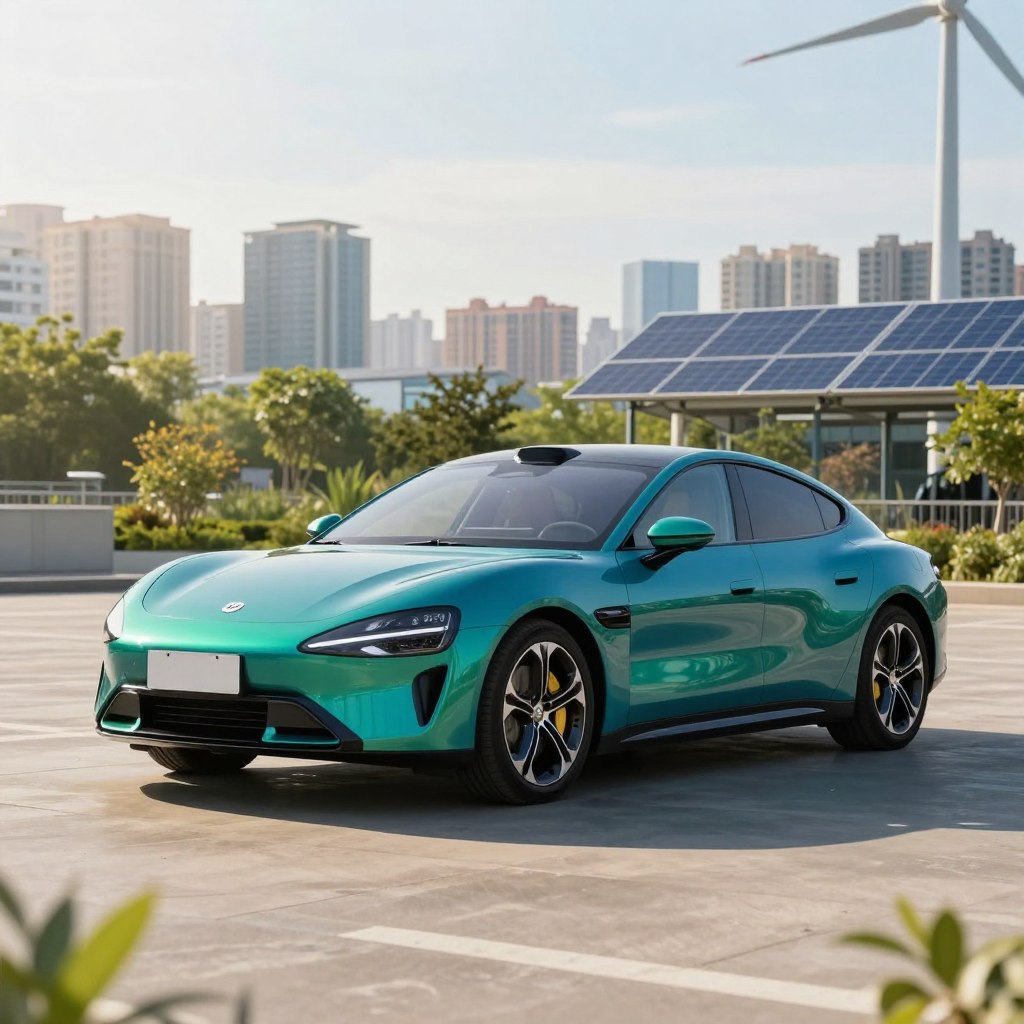 A sleek, modern electric car parked in an urban setting, showcasing its aerodynamic design and eco-friendly features. In the foreground, the car's polished body glistens under bright, natural sunlight, emphasizing its vibrant color, perhaps a deep blue or emerald green. The middle ground includes a vibrant cityscape with green spaces, highlighting a balance between technology and nature. In the background, solar panels and wind turbines subtly blend into the skyline, reinforcing the theme of sustainability. Soft, morning light casts gentle shadows, creating an inviting atmosphere. The composition is shot from a low angle to enhance the car's stature, while maintaining a clear focus on its innovative features and the eco-friendly environment around it.