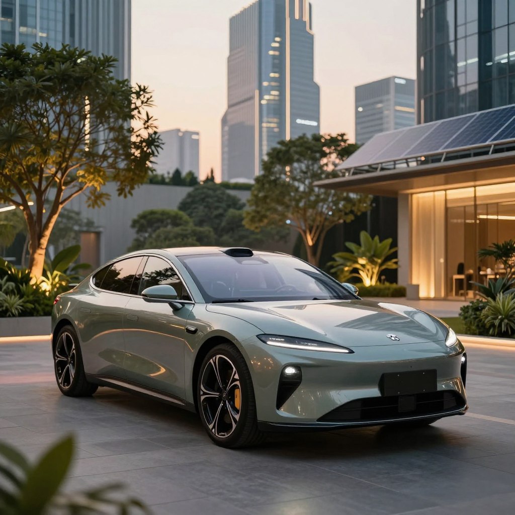 A sleek, modern electric luxury car is parked in an elegantly designed urban environment, showcasing its aerodynamic lines and high-tech features. The foreground features the car in detailed focus, capturing reflections on its glossy surface. In the middle ground, soft ambient lighting highlights eco-friendly landscaping with trees and plants integrated into the cityscape, emphasizing a commitment to sustainability. The background reveals a futuristic skyline with tall buildings and solar panels, symbolizing the impact of environmental regulations. The scene is illuminated by warm, golden hour lighting, creating an inviting atmosphere while evoking a sense of innovation and luxury. The angle is slightly low, accentuating the car's stature against the city backdrop, reinforcing its status in the world of green technology.