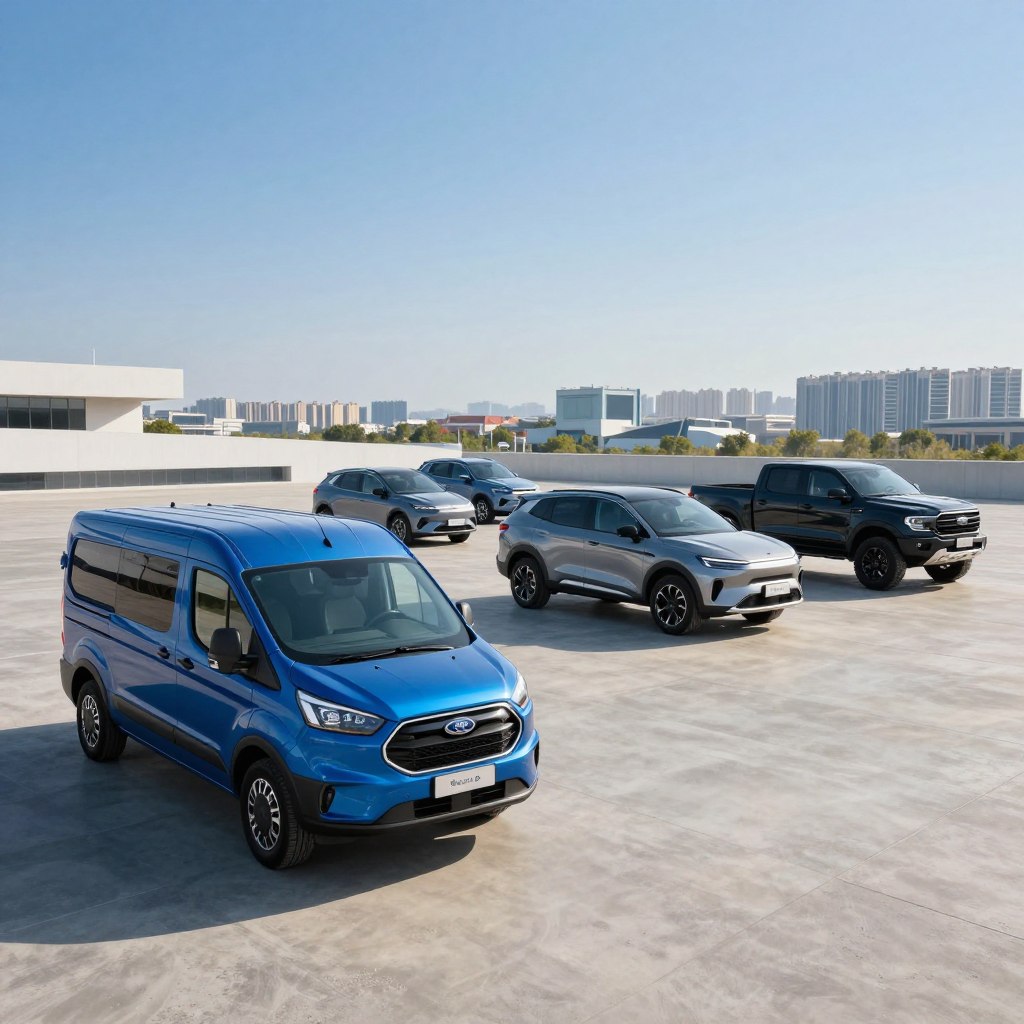 A sleek, modern lineup of 2026 Ford utility vehicles showcased in a dynamic outdoor setting. In the foreground, a shiny blue Ford utility van with an aerodynamic design, emphasizing its robust and practical features. In the middle ground, a variety of models including a compact SUV and a rugged pickup truck, all featuring innovative body styles and futuristic elements. The background showcases a cityscape with a clear blue sky, symbolizing progress and urban mobility. The lighting is bright and natural, casting soft shadows to highlight the curves and details of the vehicles. A wide-angle perspective enhances the sense of space and modernity. The overall mood is vibrant and forward-looking, conveying the essence of the latest trends in utility vehicle design.