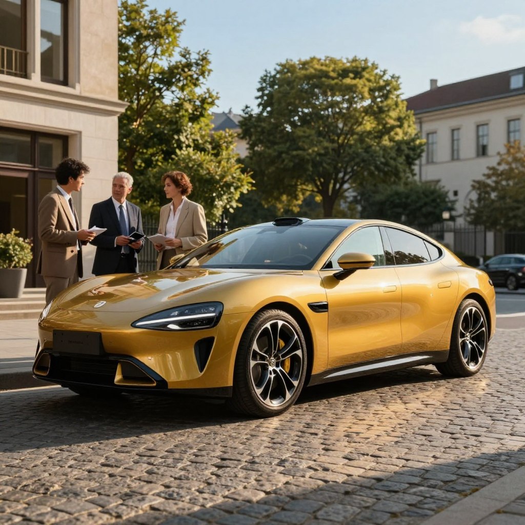 A sleek, modern luxury car parked elegantly on a cobblestone street, showcasing its brilliant design and vibrant color. In the foreground, the car's polished body reflects the soft glimmers of golden sunlight, highlighting the intricate details of its curves and sophisticated lines. The middle ground features stylish individuals in professional attire, engaged in discussion about the car, adding an element of lifestyle and ambition. In the background, a blend of modern architecture and lush greenery creates a harmonious city scene, emphasizing the luxury theme. The lighting is warm and inviting, with a clear blue sky enhancing the atmosphere. The angle captures the car from a low perspective, making it appear even more imposing and desirable, setting an aspirational mood ideal for discerning buyers.