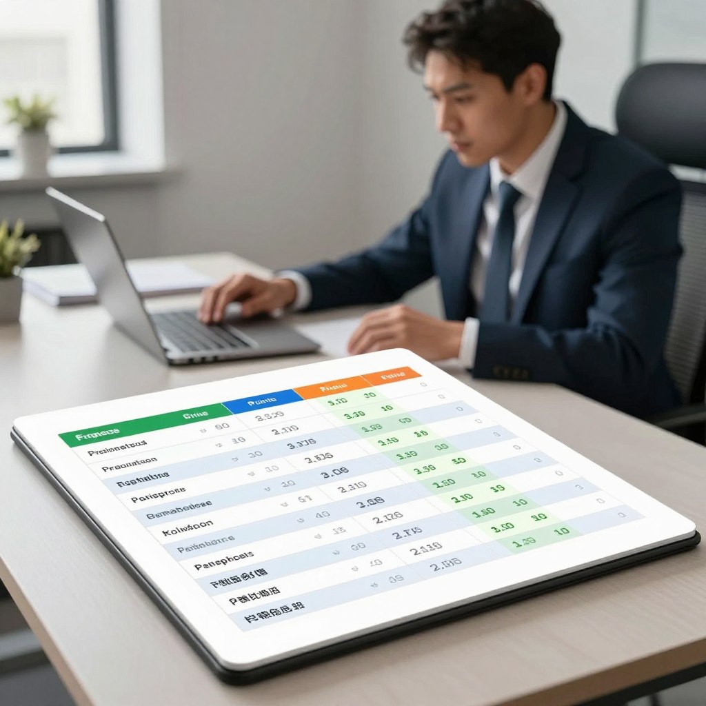 Au premier plan, un tableau comparatif de prix moderne et élégant présente des lignes et des colonnes remplies de catégories colorées et clairement définies : noms de produits, prix et évaluations. Au second plan, une image floue d'un professionnel en tenue de ville soignée, assis à un bureau bien éclairé, un ordinateur portable ouvert à côté de lui, analyse le tableau avec une concentration déterminée. L'arrière-plan révèle un environnement de bureau minimaliste à l'éclairage tamisé, suggérant une atmosphère professionnelle. L'impression générale est proactive et stratégique, axée sur la prise de décisions financières éclairées. La composition est légèrement en plongée pour souligner l'aspect comparatif du tableau, tout en conservant une apparence claire et organisée.