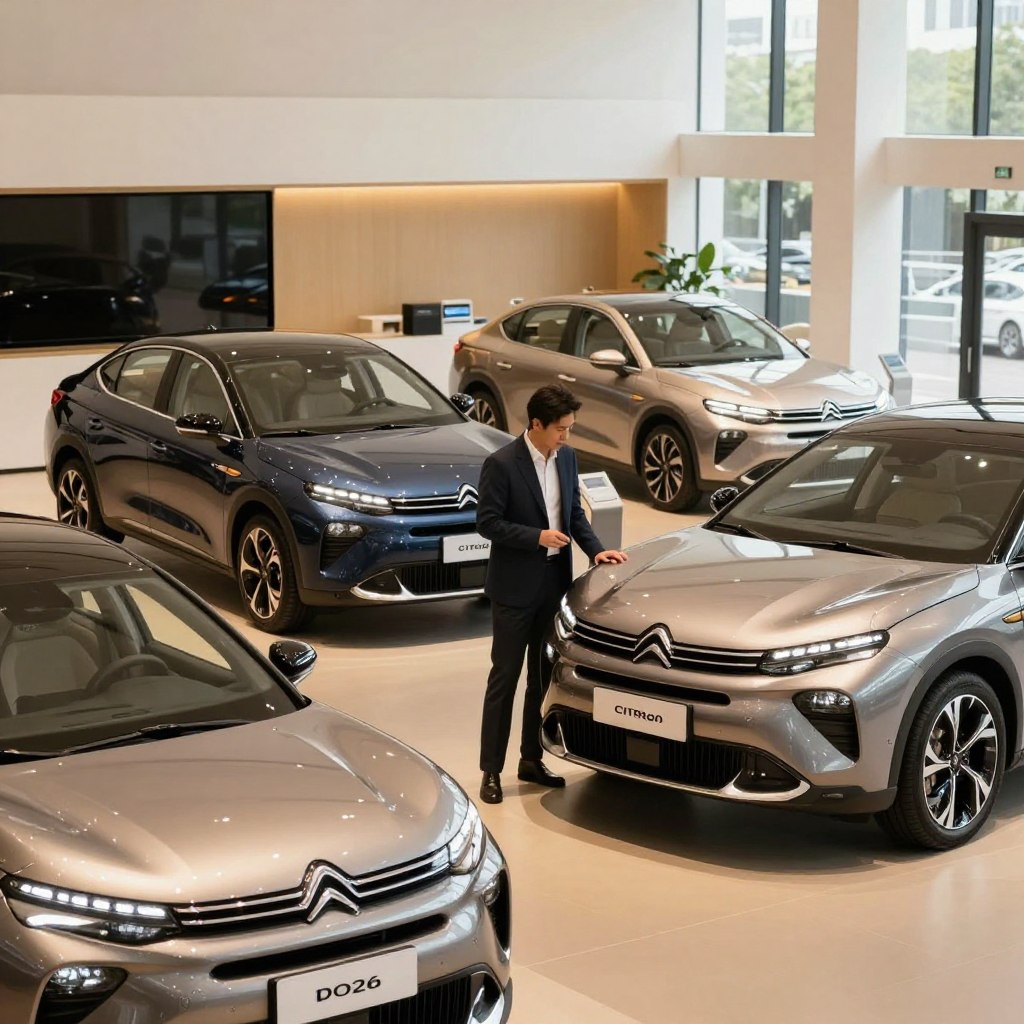 A sleek modern showroom featuring a lineup of Citroën sedans from 2026, showcasing different models in various colors and designs. In the foreground, a stylish, professional-looking individual in business attire examines one of the vehicles, thoughtfully comparing features. The middle ground displays additional Citroën sedans with distinctive features and design elements, highlighted under warm, inviting lighting that enhances their curves and sleek contours. The background consists of a minimalist yet spacious showroom design, with large windows allowing natural light to flood in, creating an atmosphere of elegance and professionalism. Emphasize reflections on the car surfaces to illustrate the high-tech materials used, with a focus on glossy finishes and contemporary styling. The overall mood conveys sophistication, encouraging thoughtful decision-making for potential buyers.