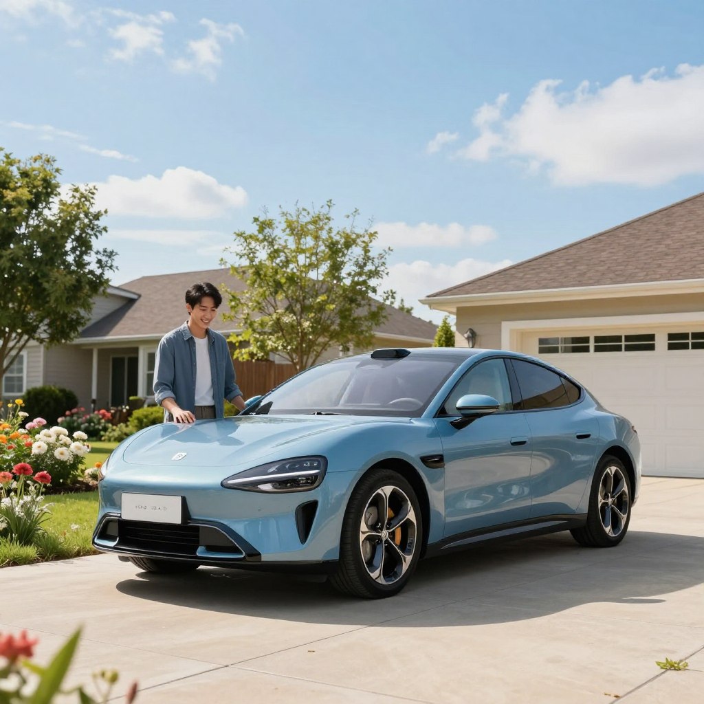 A sleek, new economical car parked in a suburban driveway, showcasing its modern design with smooth curves and an aerodynamic profile. The car is a shiny metallic blue, reflecting the bright sunlight, creating an inviting and fresh atmosphere. In the foreground, there is a proud car owner dressed in smart casual attire, smiling as they admire their new purchase. The middle ground features a well-kept garden, blooming flowers, and a few trees, symbolizing a peaceful neighborhood. In the background, a clear blue sky with wispy clouds enhances the cheerful mood. The scene is captured in soft, natural lighting, with a low-angle perspective that emphasizes the beauty and appeal of the vehicle, inviting viewers to envision their own satisfaction and pride in owning a new economical car.