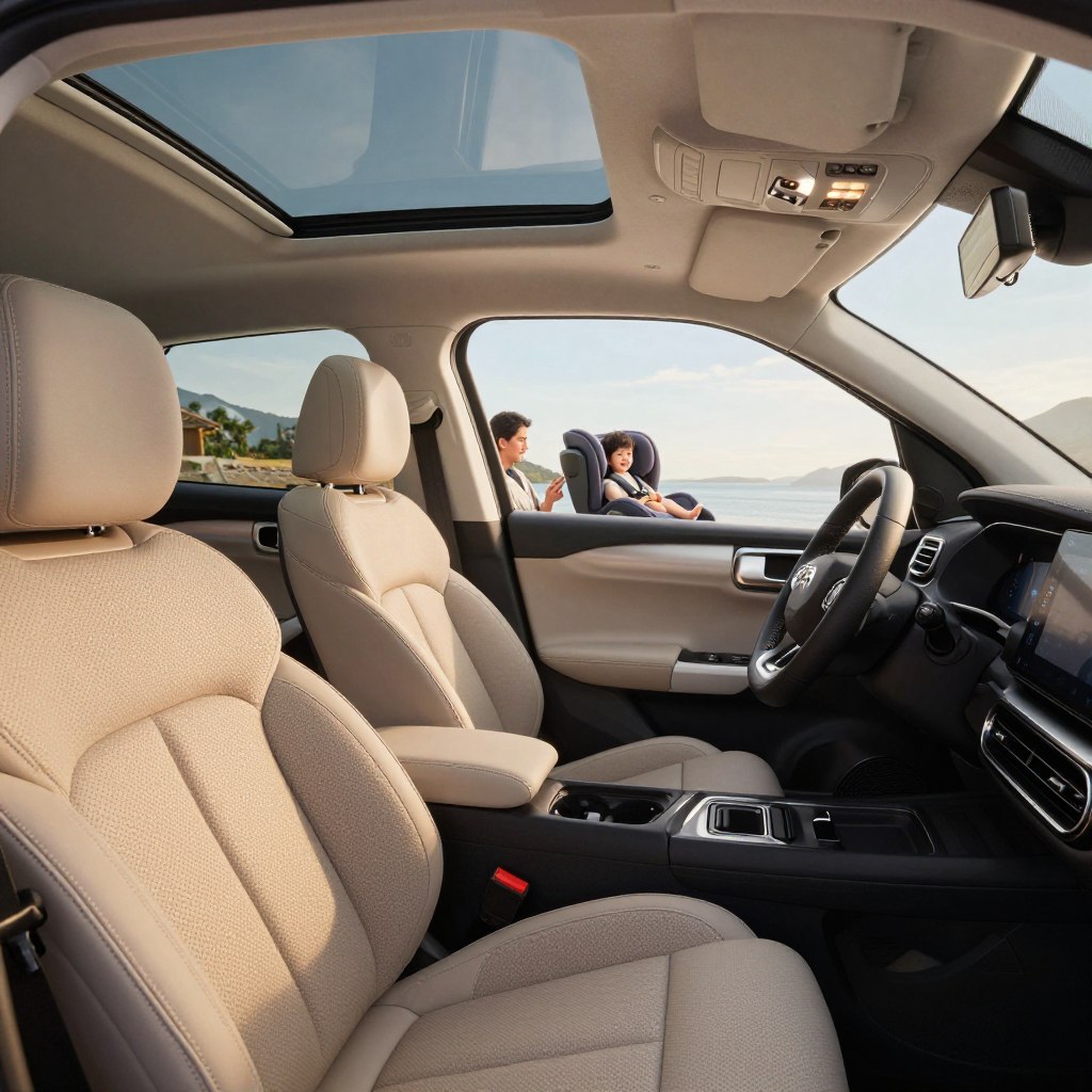 A spacious and comfortable interior of a Citroën Grand C4 Picasso, showcasing the modern design with plush seating and high-quality materials. The foreground features a detailed view of the driver's seat and dashboard, highlighting the ergonomic layout and advanced technology. In the middle ground, the roomy cabins are filled with light from large panoramic windows, emphasizing the airy atmosphere. The background reveals a family-friendly environment with ample legroom and child safety seats, portraying versatility. Soft, natural lighting streams in, enhancing the warm tones of the upholstery. Capture the scene from a slightly elevated angle to convey the overall spaciousness and inviting feel, creating a serene and luxurious mood.