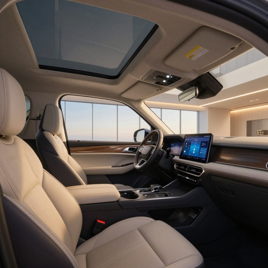 A spacious interior of a 2026 Ford SUV, showcasing luxurious seating with high-quality materials and modern design elements. The foreground features plush, comfortable seats with intricate stitching and an elegant dashboard equipped with a state-of-the-art touchscreen display. In the middle ground, large panoramic windows allow natural light to flood the cabin, accentuating the roomy feel. The background reveals sleek, contemporary design lines and ambient lighting, enhancing the overall atmosphere of comfort and sophistication. The image captures a warm, inviting mood, illuminated with soft, diffused lighting, and shot at a slight angle to provide a dynamic view of the spacious interior environment, focusing on inviting details without any distractions like text or watermarks.