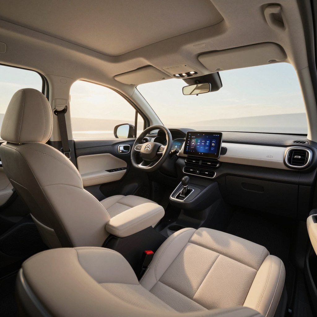 A spacious interior of a Citroën C3 Picasso, showcasing its ergonomic design and comfort features. In the foreground, focus on the plush seating with high-quality upholstery, emphasizing the generous legroom. The middle ground includes the innovative dashboard with a modern infotainment system, reflecting a family-friendly atmosphere. In the background, soft natural light streams in through the large windows, highlighting the airy cabin feel. Capture the scene from a low angle to emphasize the vehicle’s elevated position, giving a sense of openness and comfort. The color palette should be warm and inviting, creating a relaxed and welcoming mood, ideal for a family SUV.