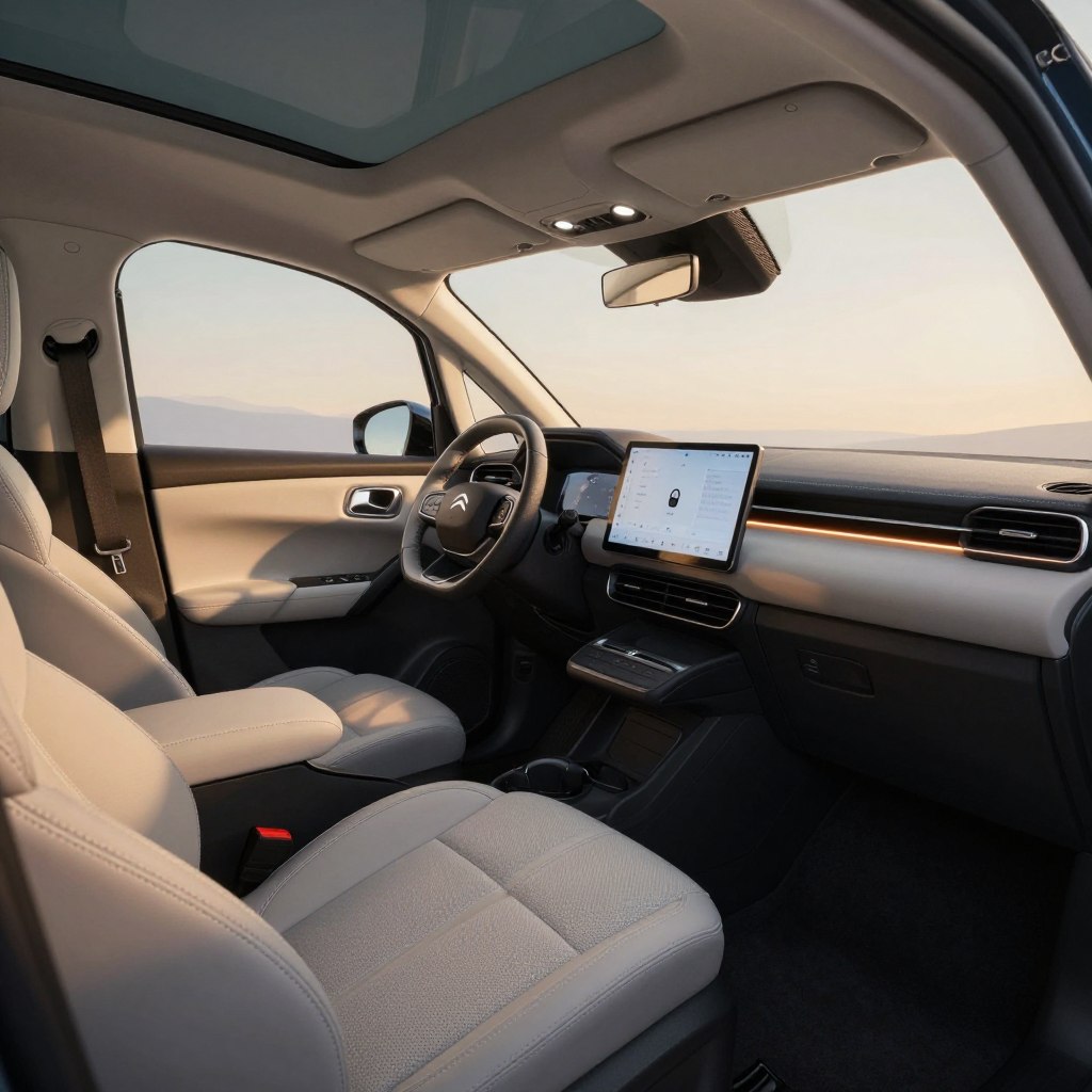 A spacious interior view of a Citroën C4 Picasso 2026, showcasing its modern and ergonomic design. In the foreground, highlight the plush, contoured seats made of high-quality materials, emphasizing comfort with intricate stitching details. The middle ground features a sleek dashboard with an advanced infotainment system, displaying a digital interface with intuitive controls. Ambient lighting creates a warm, inviting atmosphere, casting soft hues across the cabin. The background includes large windows that provide a panoramic view, framed by stylishly designed door panels. Use natural light to enhance the feeling of openness, capturing the essence of luxury and innovation in this family-friendly vehicle. The angle should be slightly elevated, offering a wide perspective of the interior layout without any extraneous elements.