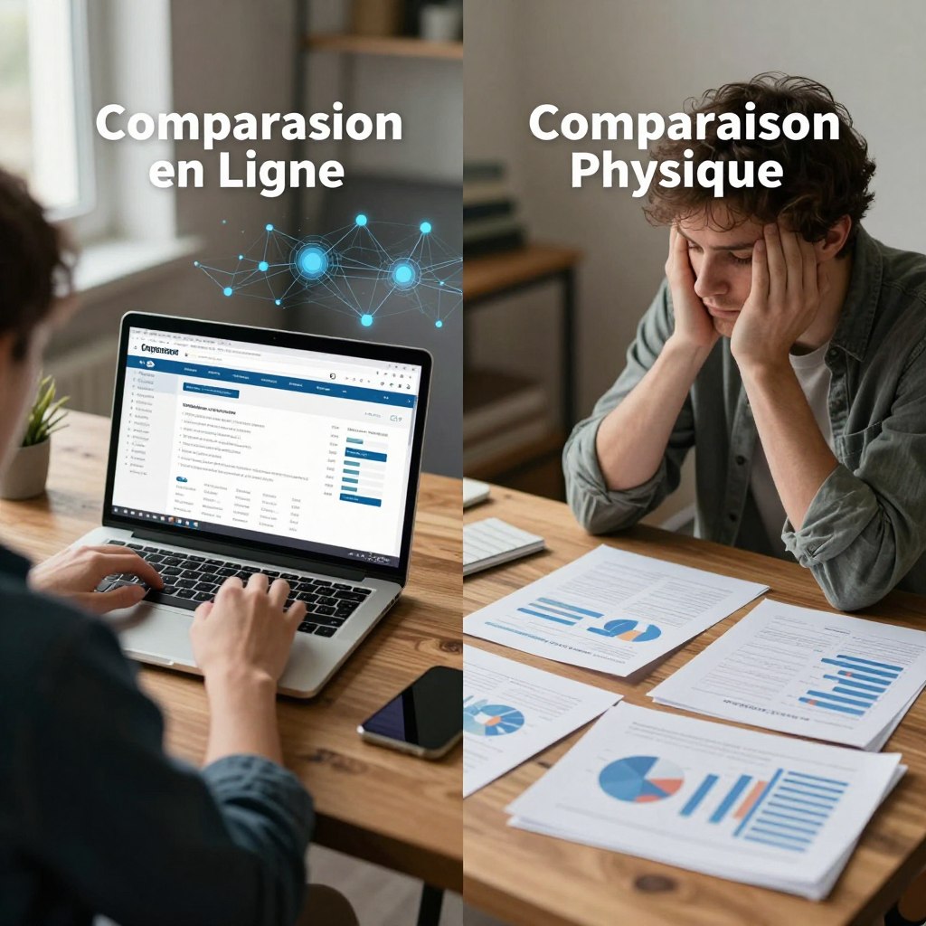 A split-image comparison of "Comparaison en Ligne" and "Comparaison Physique." On the left, a modern digital workspace featuring a sleek laptop displaying various comparison websites, bright screen light illuminating the space, with a focused individual in professional attire analyzing data. On the right, a traditional setting with a person in business casual clothing, surrounded by printed materials and charts spread across a wooden table, reflecting a contemplative atmosphere. The background contains elements associated with both realms: digital elements like networks and graphs blending into physical items such as brochures and books. Soft, natural light filters in from a window, creating an inviting, productive mood. The image captures the essence of both comparison methods, emphasizing their distinct characteristics without distractions.