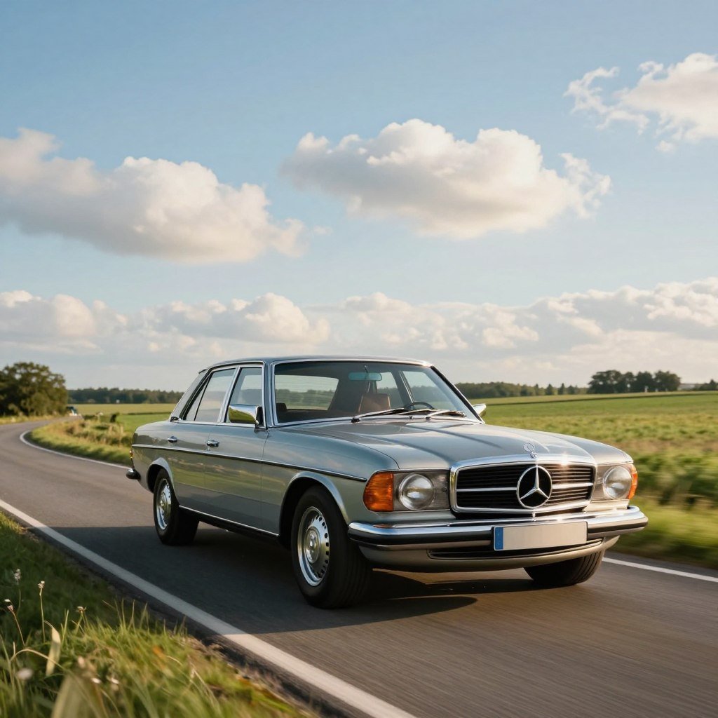 A striking Mercedes W123 in motion on a scenic country road, showcasing its sleek, timeless silhouette and elegant design. In the foreground, the car's chrome grille gleams under soft, warm sunlight, highlighting its classic lines and sophisticated curves. In the middle ground, the road curves gently, bordered by lush green fields and distant trees, enhancing the sense of adventure and freedom associated with driving this iconic vehicle. The background features a clear blue sky with fluffy white clouds, providing a serene and inviting atmosphere. Capture this moment from a low angle, emphasizing the car's road presence and the art of driving, evoking feelings of nostalgia and appreciation for automotive craftsmanship. The image should have a soft focus and rich colors, creating a joyful yet elegant mood, perfect for showcasing the Mercedes W123's heritage in performance and style.