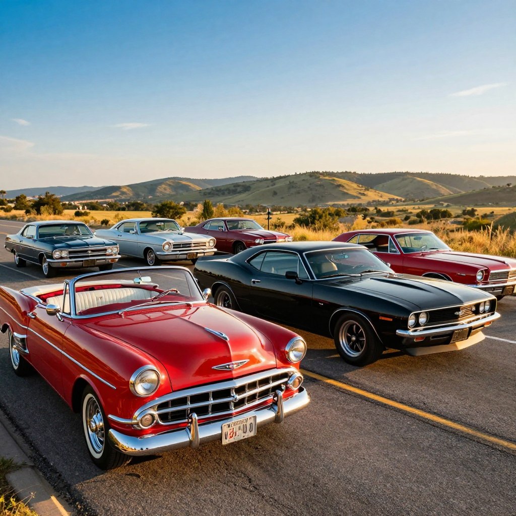 A striking composition showcasing a variety of classic American cars parked along a scenic highway. In the foreground, a glossy red vintage convertible glistens under the warm golden light of sunset, while a sleek black muscle car is positioned beside it, emphasizing power and style. In the middle ground, a line of diverse American car brands like Ford, Chevrolet, and Dodge can be seen, showcasing both modern and retro models. The background features a picturesque landscape, with rolling hills and a bright blue sky, enhancing the classic Americana vibe. The lighting casts soft shadows, creating a warm and inviting atmosphere that reflects the pride and passion of American car culture. The viewer should feel a sense of nostalgia and admiration for these iconic vehicles.