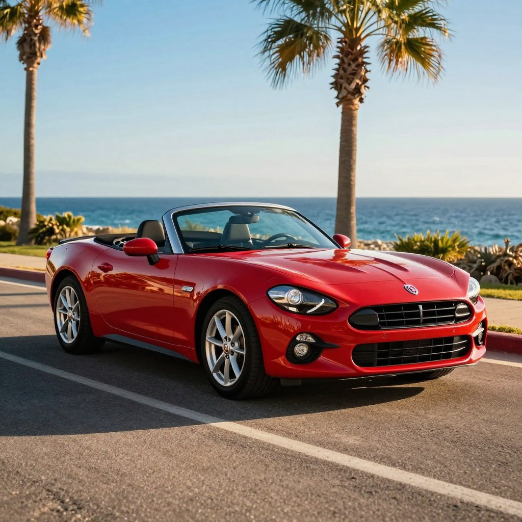 A striking red Fiat 124 Spider sports car, parked elegantly on a sunlit coastal road. The foreground features the car's sleek exterior, emphasizing its aerodynamic curves and classic lines. The middle ground showcases the vehicle with its soft top down, reflecting the vibrant blue skies and sparkling ocean in the background. The sun casts warm golden rays, highlighting the car’s glossy finish and chrome accents. A slight angle captures the dynamic stance of the car, while palm trees sway gently, adding to the relaxed, sporty atmosphere. The scene exudes a mood of adventure and freedom, embodying the perfect blend of sportiness and style that the Fiat 124 Spider represents.