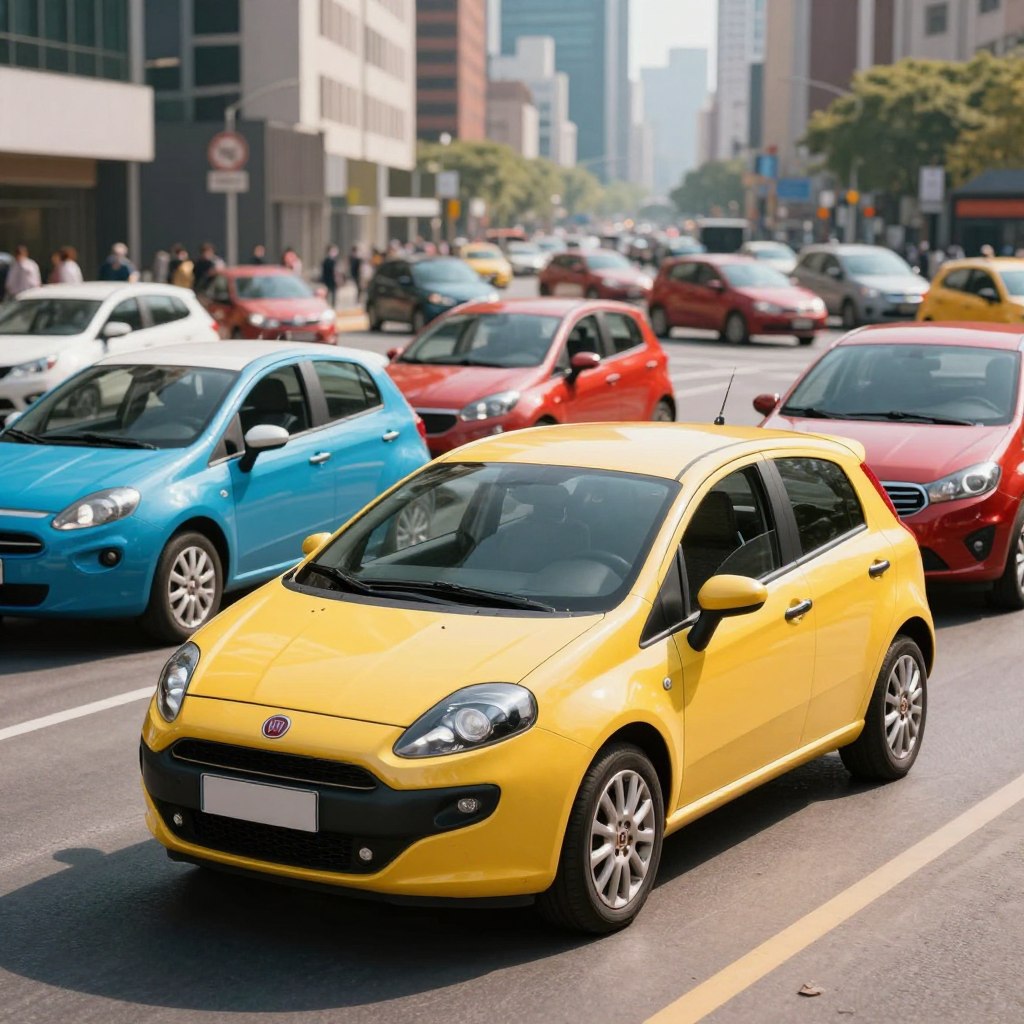 A striking scene featuring a Fiat Punto in a dynamic cityscape filled with various other popular city cars. In the foreground, the Fiat Punto is prominently displayed, showcasing its sleek design, colorful paint, and distinctive logo. In the middle ground, several rival city cars are parked nearby, each presenting their own unique styles, emphasizing the competitive market segment. The background captures a bustling urban environment with blurred skyscrapers and more vehicles, illustrating a vibrant city life. The lighting is bright and cheerful, suggesting a sunny day, enhancing the colors of the cars and creating lively reflections. The angle is slightly low, giving prominence to the Fiat Punto while drawing attention to its peers, conveying a sense of harmony and competition among popular city cars. A striking scene featuring a Fiat Punto in a dynamic cityscape filled with various other popular city cars. In the foreground, the Fiat Punto is prominently displayed, showcasing its sleek design, colorful paint, and distinctive logo. In the middle ground, several rival city cars are parked nearby, each presenting their own unique styles, emphasizing the competitive market segment. The background captures a bustling urban environment with blurred skyscrapers and more vehicles, illustrating a vibrant city life. The lighting is bright and cheerful, suggesting a sunny day, enhancing the colors of the cars and creating lively reflections. The angle is slightly low, giving prominence to the Fiat Punto while drawing attention to its peers, conveying a sense of harmony and competition among popular city cars.