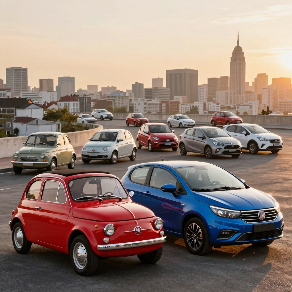 A stunning collage showcasing the evolution of Fiat's automotive design through the years. In the foreground, a classic Fiat 500 with a vibrant red finish, symbolizing the brand's heritage. Nestled beside it, a sleek modern Fiat hatchback with a glossy blue exterior, representing current trends. In the middle ground, a gradient of various Fiat models—from vintage to contemporary—flowing smoothly into one another, illustrating the design progression. The background features a stunning cityscape under a soft golden hour light, casting a warm glow on the vehicles. The atmosphere is nostalgic yet innovative, capturing the essence of Fiat’s journey in automotive design. Use a wide-angle lens to emphasize the smooth transition between models, ensuring a balanced composition.