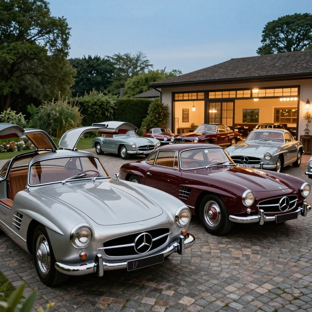 A stunning collection of classic Mercedes cars showcased in a luxurious setting. In the foreground, a gleaming Mercedes 300SL Gullwing with its iconic doors open, the sophisticated silver paint reflecting sunlight. Beside it, a striking Mercedes 280SE with a deep burgundy finish, exuding elegance. In the middle ground, a row of vintage Mercedes models, from the elegant W108 to the sporty 190SL, all parked on a cobblestone driveway surrounded by lush greenery. The background features a tastefully designed vintage garage with warm lighting highlighting the cars and creating a nostalgic atmosphere. The scene should be shot from a low angle, capturing the grandeur of these luxury vehicles against a clear blue sky, evoking a sense of admiration and passion for classic automobiles.
