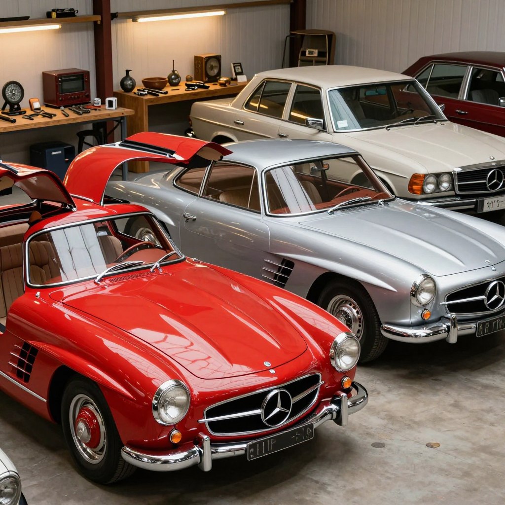 A stunning collection of classic Mercedes vehicles showcased in a vintage-style garage. In the foreground, a glossy red Mercedes-Benz 300SL Gullwing with its iconic doors open, highlighting its elegant curves and robust design. Next to it, a sleek silver Mercedes-Benz 280SE, reflecting soft light, enhancing its chrome details. In the middle ground, a classic Mercedes W123 stands with an understated charm. The background features a wooden workbench adorned with vintage car tools and memorabilia, warmly illuminated by soft ambient lighting, creating a nostalgic atmosphere. The scene is captured with a wide-angle lens, slightly elevated above eye level, to emphasize the grandeur of the vehicles, evoking a sense of admiration for automotive history.