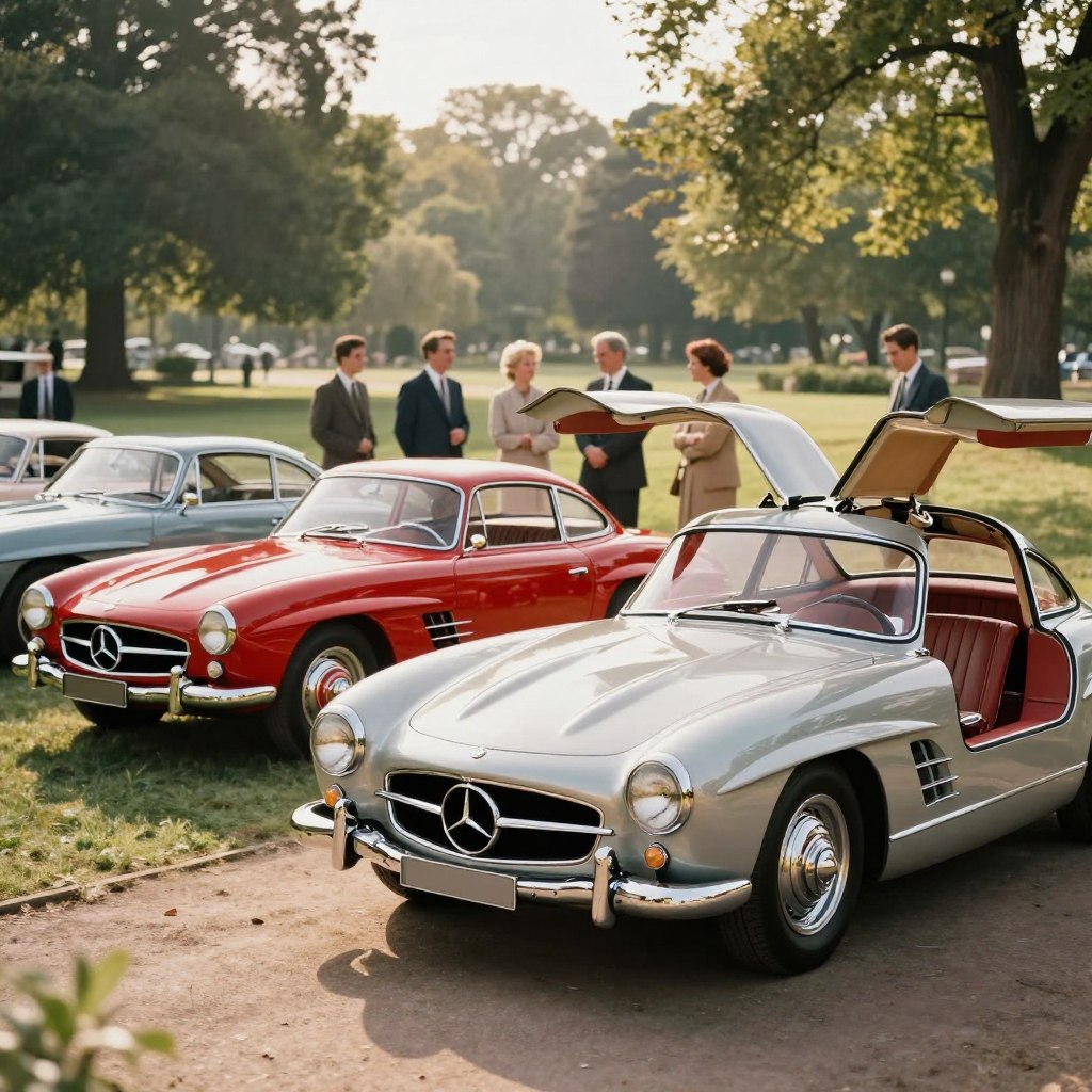 A stunning collection of vintage Mercedes vehicles arranged elegantly in a sunlit outdoor setting. In the foreground, feature a classic Mercedes 300SL Gullwing, its iconic gullwing doors open, showcasing the luxurious leather interior. To the left, include a sleek Mercedes 190SL, painted in a vibrant red, with intricate detailing reflecting the craftsmanship of the era. In the middle ground, position a group of admirers dressed in 1960s styled business attire, appreciating the cars, evoking a nostalgic atmosphere. The background features a serene park landscape with lush greenery and soft sunlight filtering through the trees, enhancing the timeless feel. Capture the scene with a warm, golden hour lighting, using a shallow depth of field to accentuate the vehicles while gently blurring the background, creating a dream-like ambiance.