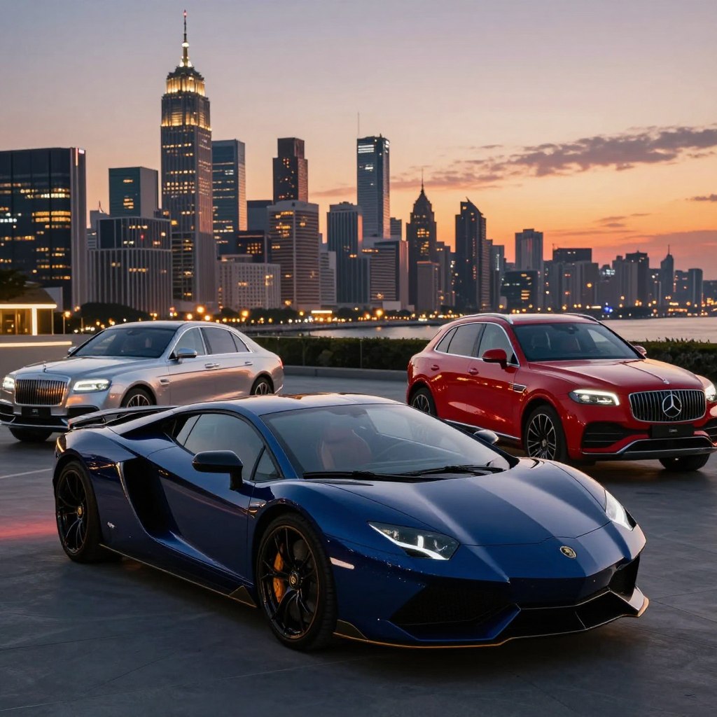 A stunning composition featuring an array of luxury car brands, showcasing their sleek and modern designs. In the foreground, a regal dark blue sports car with a glossy finish shines under soft ambient lighting, highlighting its curves and intricate details. To the left, a silver luxury sedan exudes elegance, while to the right, a bold red SUV captures attention with its powerful stance. The middle ground features a tasteful, upscale city skyline at dusk, with warm lights shimmering from the buildings. In the background, a breathtaking sunset casts a dramatic glow, enhancing the opulence of the scene. The overall mood is sophisticated and aspirational, reflecting the future of luxury automobiles. The lens captures the cars from a low angle, emphasizing their grandeur and refinement. No text or overlays are present, maintaining a clean and professional aesthetic.