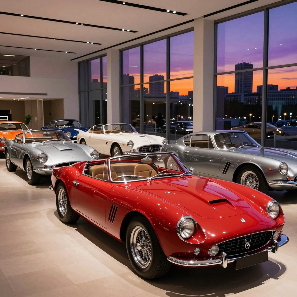 A stunning display of classic luxury cars in a sleek, modern showroom. In the foreground, showcase a gleaming vintage sports car, painted in a rich deep red with chrome accents that capture the light. The middle ground features an elegant line of various collectible cars, including a timeless classic convertible and a high-end coupe, all meticulously polished and illuminated with soft ambient lighting. In the background, large glass windows reveal a vibrant city skyline at dusk, with warm orange and deep purple hues illuminating the scene. The atmosphere should convey sophistication and exclusivity, inviting the viewer to imagine the allure and prestige of collectible luxury cars in a modern setting. The image is framed from a slightly elevated angle, emphasizing the elegance of the cars and the luxurious ambiance of the showroom.