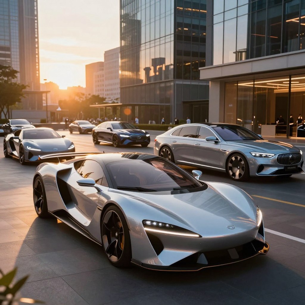 A stunning display of futuristic luxury cars for 2026, showcasing sleek lines and innovative designs. In the foreground, a gleaming electric sports car with a cutting-edge aerodynamic shape occupies the center, reflecting the sunlight. To its side, an elegant luxury sedan with a sophisticated interior visible through the windows. In the middle ground, additional concept vehicles are dotted around, highlighting a mix of eco-friendly materials and advanced technology. The background features a modern, upscale cityscape with tall, glass buildings reflecting the vibrant sunset, casting warm, golden hues across the scene. The atmosphere feels dynamic and aspirational, with soft lens flares enhancing the feeling of elegance and innovation. The image conveys a sense of luxury and a premium customer experience in the automotive world of 2026.