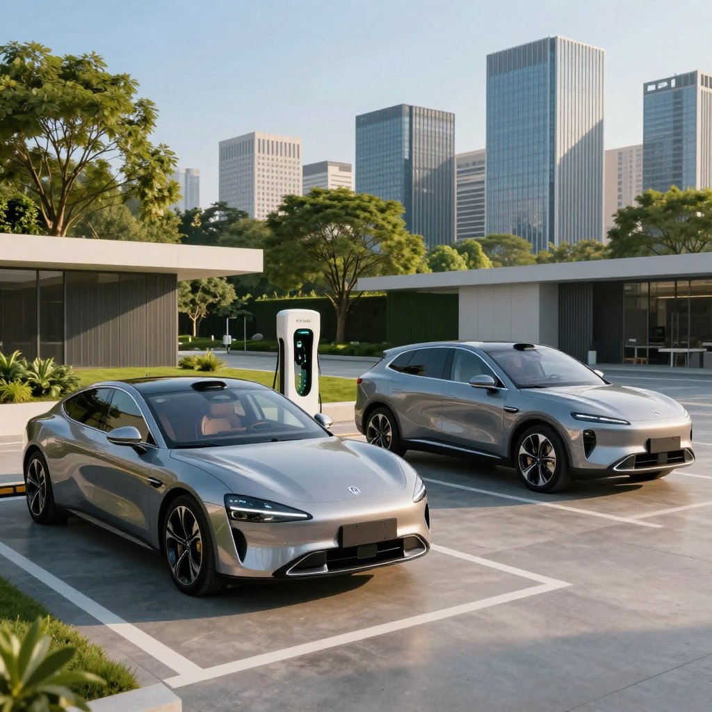 A stunning display of luxury electric cars in a sleek, modern urban setting. In the foreground, a polished electric sedan gleams with a futuristic design, showcasing its aerodynamic curves and cutting-edge technology. Nearby, a luxury SUV with an elegant silhouette stands poised, reflecting the soft glow of late afternoon sunlight. The middle ground features a high-end charging station, with green landscaping adorning the scene, accentuated by lush trees and minimalistic architecture. In the background, a skyline of contemporary high-rises rises against a clear blue sky, hinting at a progressive, eco-friendly metropolis. The atmosphere is sophisticated yet inviting, capturing the essence of innovation and luxury in the electric vehicle industry. The lighting is warm and inviting, enhancing the visual appeal without overwhelming the scene.