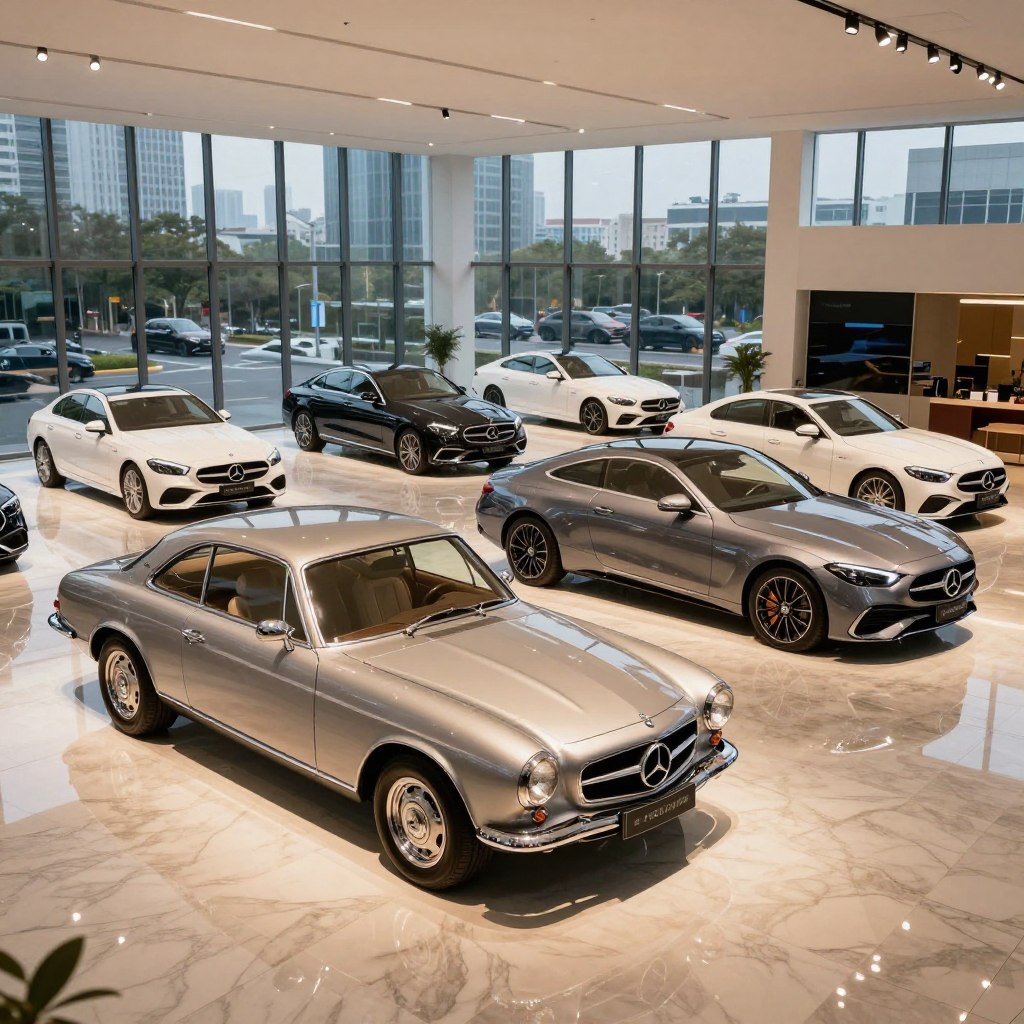 A stunning display of the 2025 Mercedes collection in a luxurious automotive showroom. In the foreground, showcase a sleek, classic Mercedes-Benz model, the paint gleaming under warm, soft lighting. The car should be parked on an elegant, polished marble floor, reflecting its beauty. In the middle ground, several other models from the 2025 collection stand equally impressive, with unique features and modern designs, each illuminated by spotlights. The background features large glass windows allowing natural light to flood in, showcasing a cityscape that symbolizes progress and innovation. Create an atmosphere of sophistication and anticipation as if experiencing a glimpse into the future of automotive excellence. Use a wide-angle lens to capture the grandeur of the showroom, highlighting the allure of classic cars in a contemporary setting.