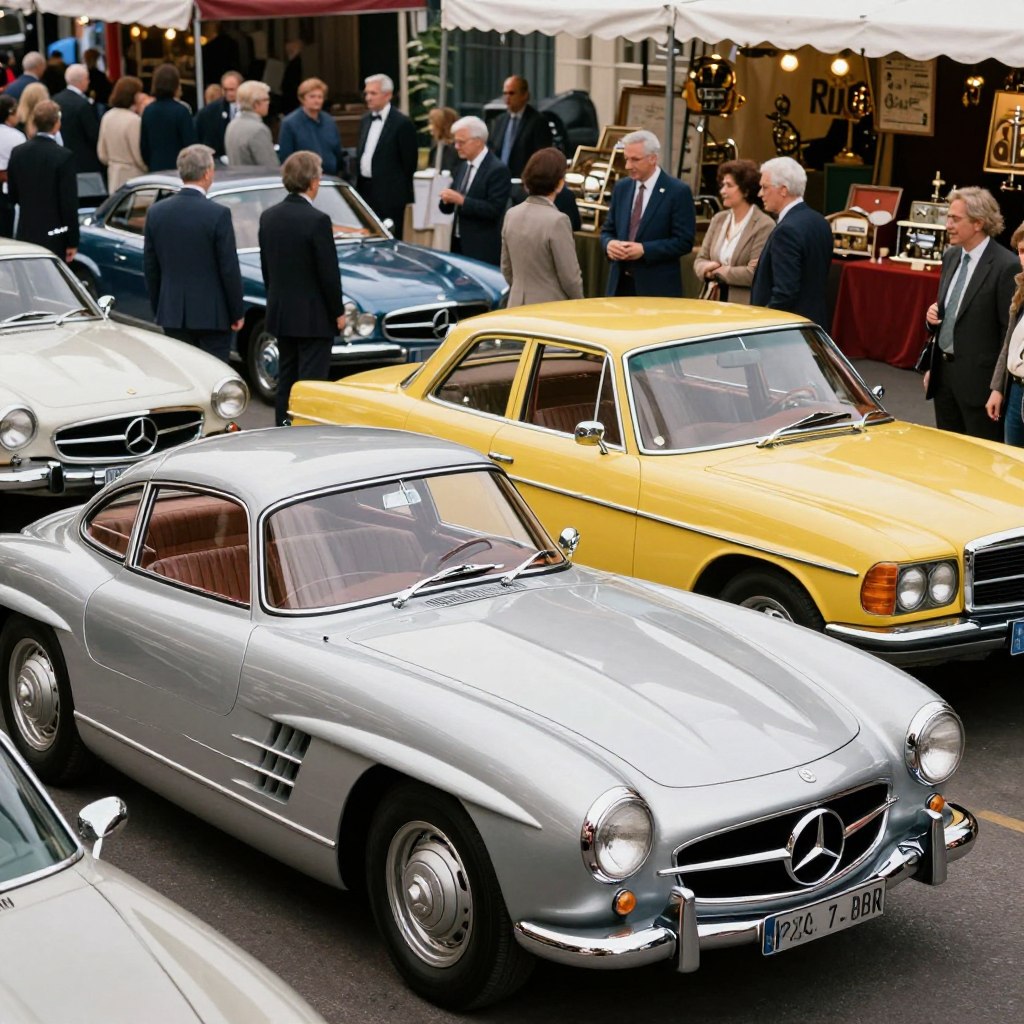 A stunning display of various classic Mercedes models on a bustling market street, showcasing their different values. In the foreground, a beautifully restored Mercedes 300SL Gullwing shines under soft natural lighting, emphasizing its sleek lines and chrome accents. Just behind it, a vintage Mercedes-Benz W123, in a vibrant color, captures the attention of potential buyers. The middle ground features a diverse crowd of well-dressed individuals examining the cars intently, dressed in professional business attire, creating an atmosphere of sophistication and excitement. In the background, charming market stalls are adorned with vintage automotive memorabilia, adding character to the scene. The overall mood is vibrant and engaging, evoking a sense of nostalgia and admiration for these classic vehicles. Use a slightly elevated perspective, with a shallow depth of field to focus on the cars while softening the background.