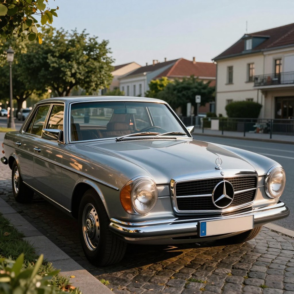 A stunning exterior view of a classic Mercedes W123 parked gracefully against an urban backdrop. The car showcases its iconic boxy silhouette with a polished silver and dark blue finish, reflecting sunlight. The chrome accents catch the light, highlighting the elegance of the vehicle's design. In the foreground, the classic round headlights shine brightly, while the elegant grille embodies a timeless charm. In the middle ground, the car is framed by lush greenery and a cobblestone street, evoking a sense of nostalgia. The background features vintage-style architecture under a clear blue sky, creating a serene atmosphere. The lighting is soft and warm, akin to golden hour, enhancing the sophisticated mood of the scene. Capture this timeless masterpiece from a slightly elevated angle to emphasize its striking design and aesthetic appeal.