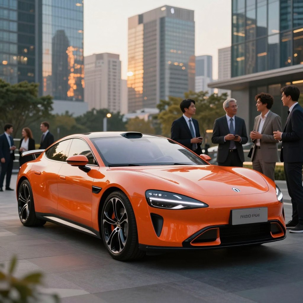 A stunning, high-performance luxury electric car parked in an elegant urban setting during golden hour light. In the foreground, the sleek lines and futuristic design of the car gleam, showcasing its vibrant color and intricate details like the alloy wheels and LED headlights. In the middle ground, a diverse group of professionals dressed in smart business attire admire the vehicle, engaging in conversation with genuine enthusiasm. The background features a modern cityscape with reflections of skyscrapers in the glass facade, enhancing the atmosphere of luxury and innovation. The scene exudes a mood of excitement and sophistication, capturing the essence of advanced technology and the allure of eco-friendly luxury automobiles. The shot is taken at a low angle to accentuate the car’s presence, with a slightly blurred bokeh effect on the surroundings.