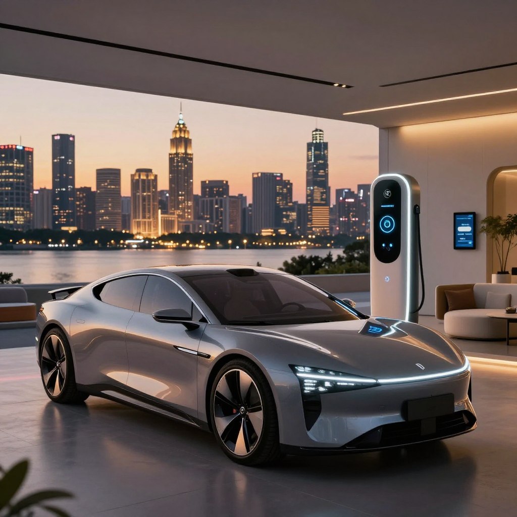 A stunning interior scene showcasing luxury electric cars that integrate cutting-edge technology. In the foreground, a sleek, futuristic electric vehicle with a polished exterior and dynamic lines, illuminated by soft ambient lighting that highlights its curves. The middle ground features a modern, stylish charging station with intricate details and glowing indicators, surrounded by sleek furniture and high-tech displays demonstrating innovative features. In the background, an urban landscape with a luxurious city skyline at dusk, enhanced by warm golden lights and a soft gradient sky. The atmosphere should evoke sophistication and advancement, with a focus on eco-friendliness. The image should capture the essence of luxury and innovation without any text or watermarks.